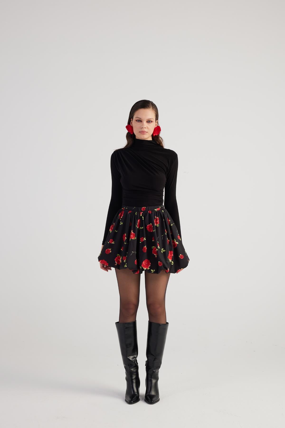 Image of Balon Model Gül Desenli Mini Donna Etek Siyah