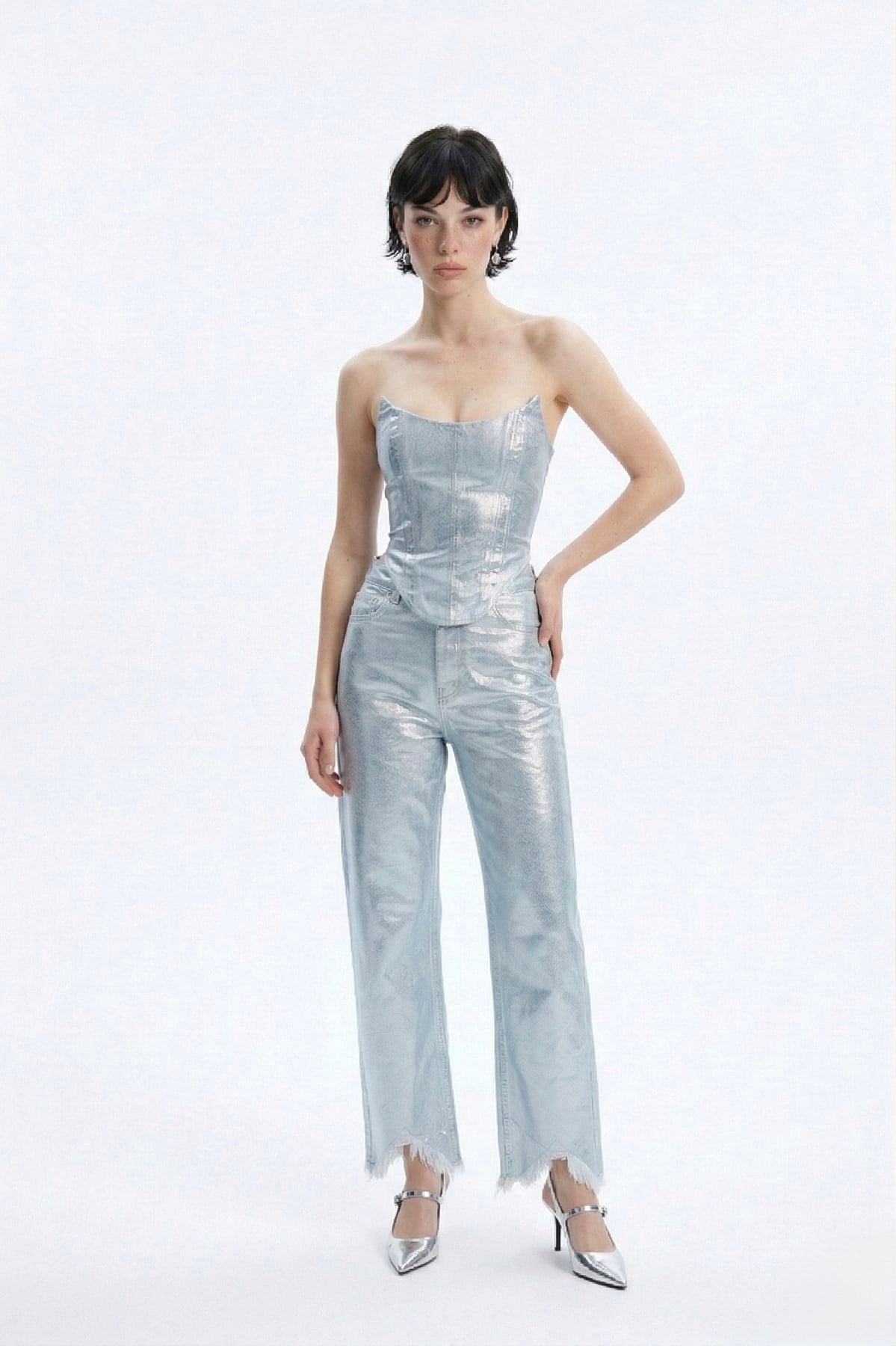 Image of Özel Yapım Parlak Kaplamalı Glossy Jean Pantolon Mavi