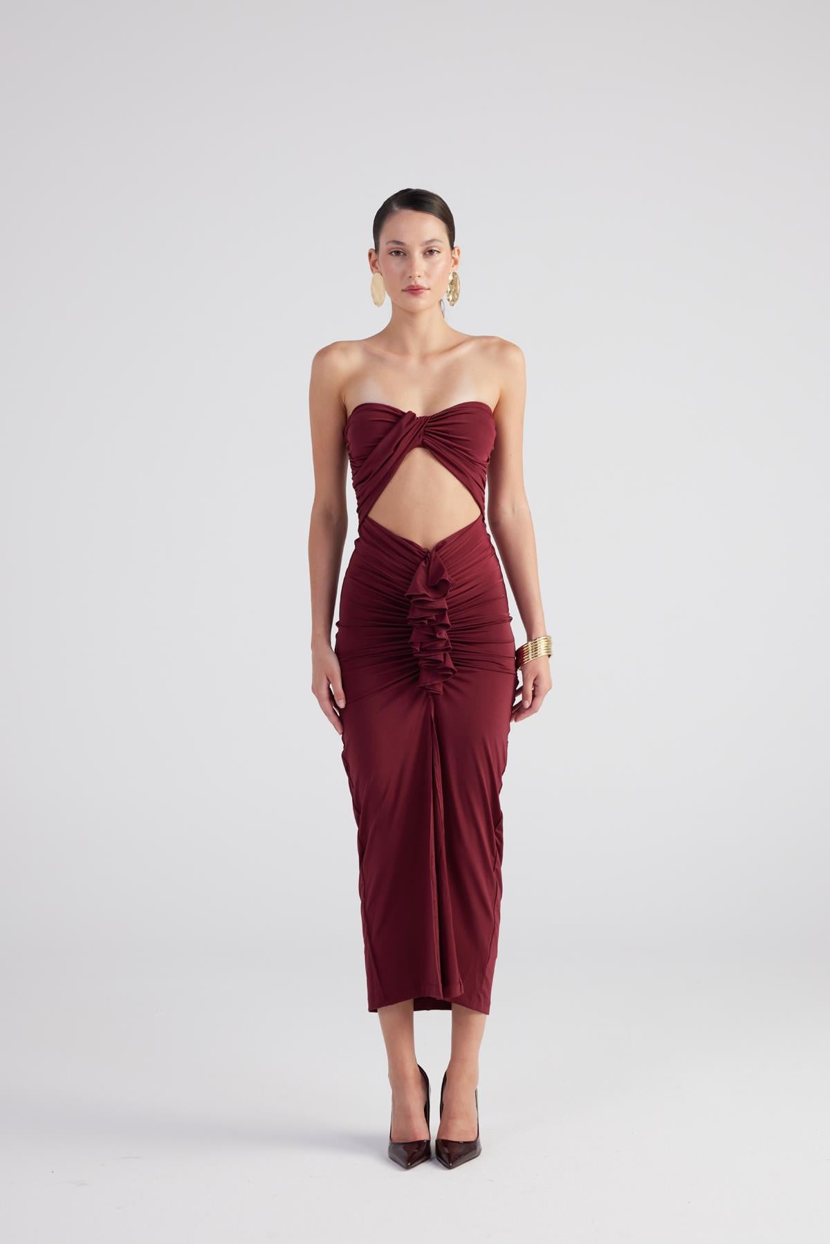 Image of Büzgü Detaylı Straplez Yırtmaçlı Hailey Elbise Bordo