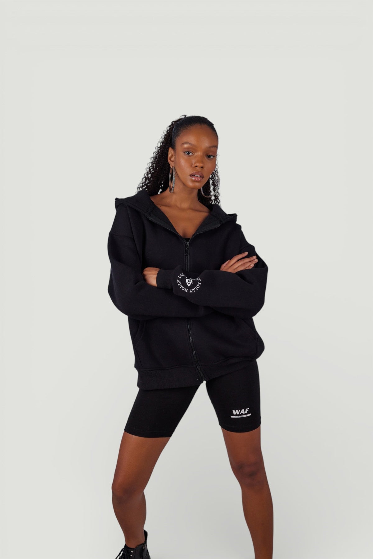 Image of Uzun Kol Kapüşonlu Fermuar Kapamalı Hoody Sweatshirt Siyah