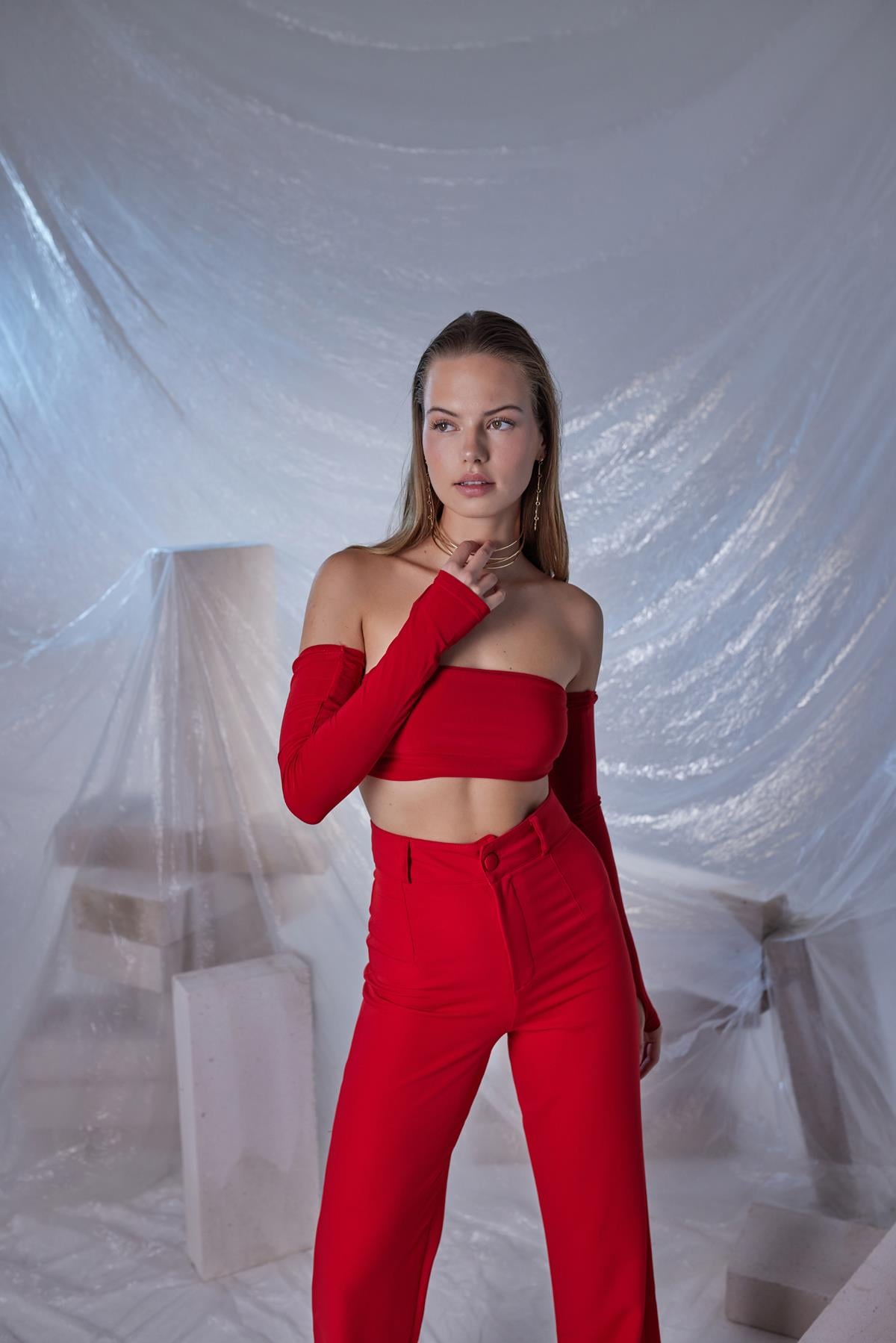 Image of Straplez Model Noir Bluz Kırmızı