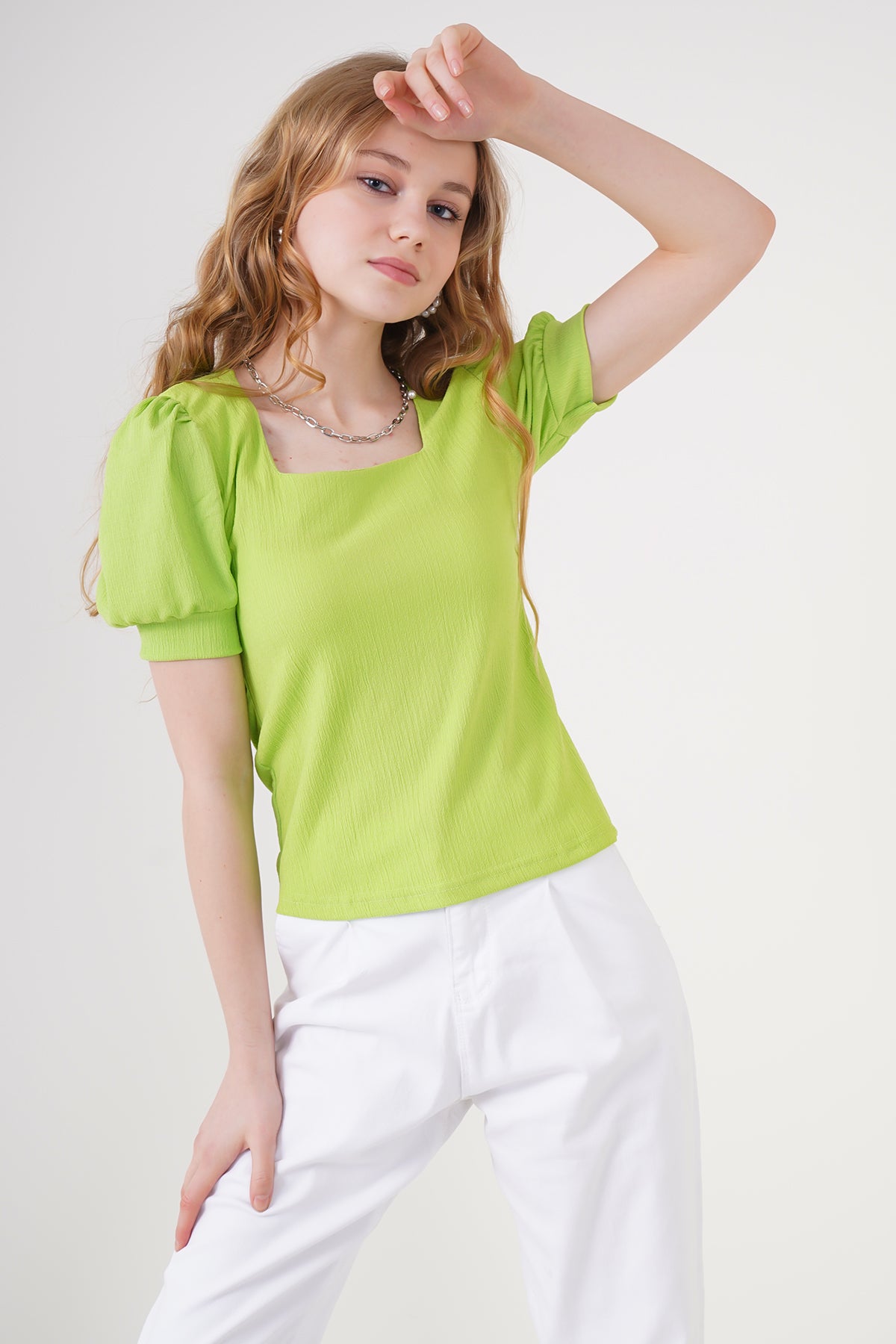 Image of 0409 Bluză tricotată cu guler pătrat - Verde închis