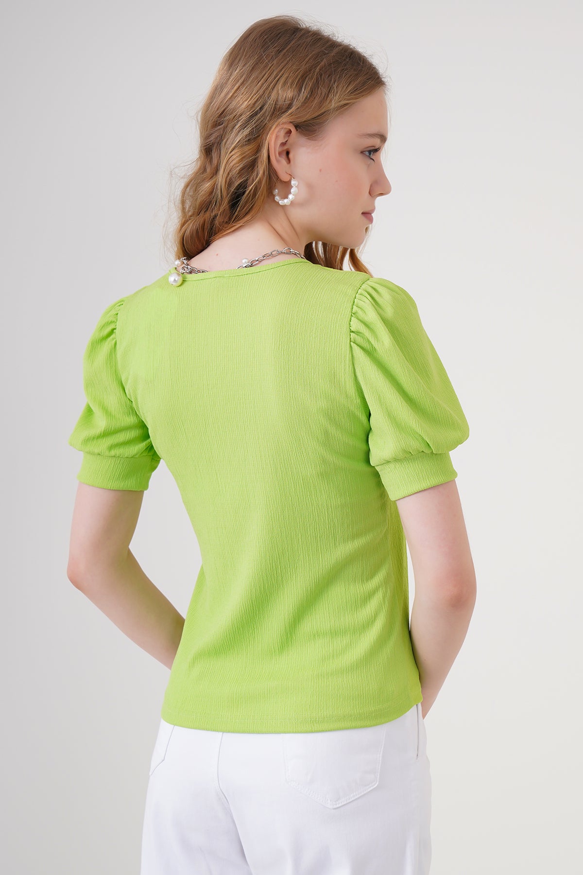 Image of 0409 Bluză tricotată cu guler pătrat - Verde închis