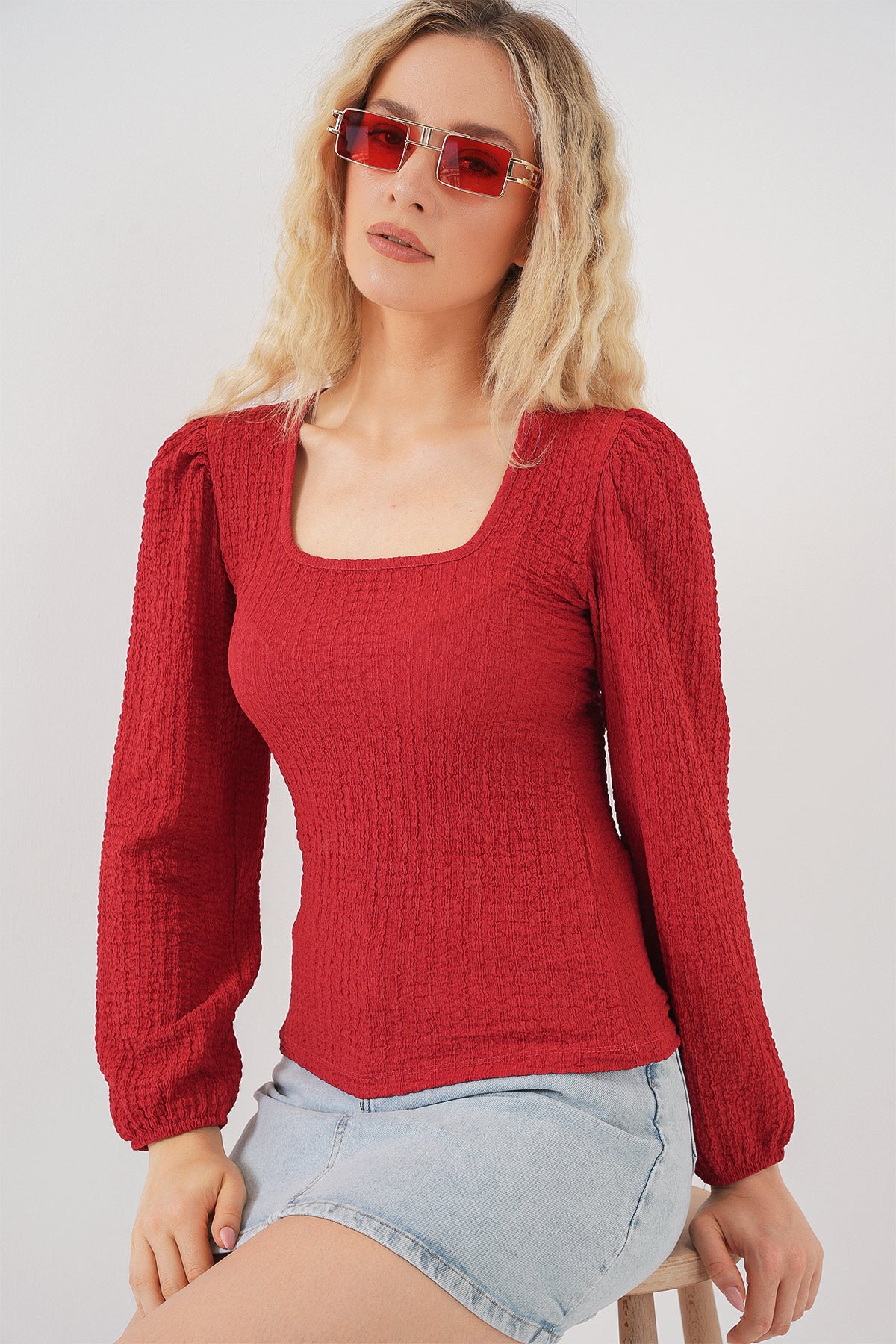 Image of 0442 Uzun Kollu Bluz - Kırmızı