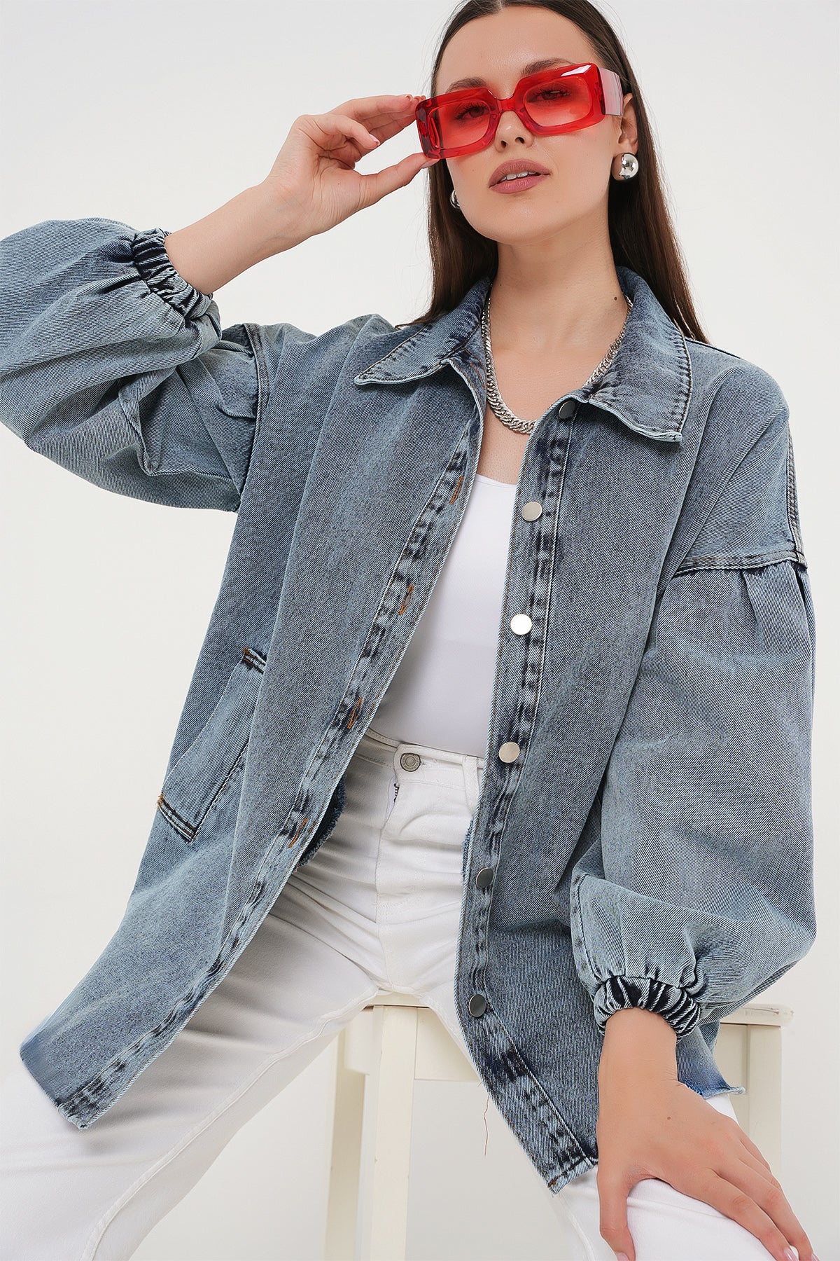 Image of 0662 Denim Balon Kollu Kot Ceket - Mavi