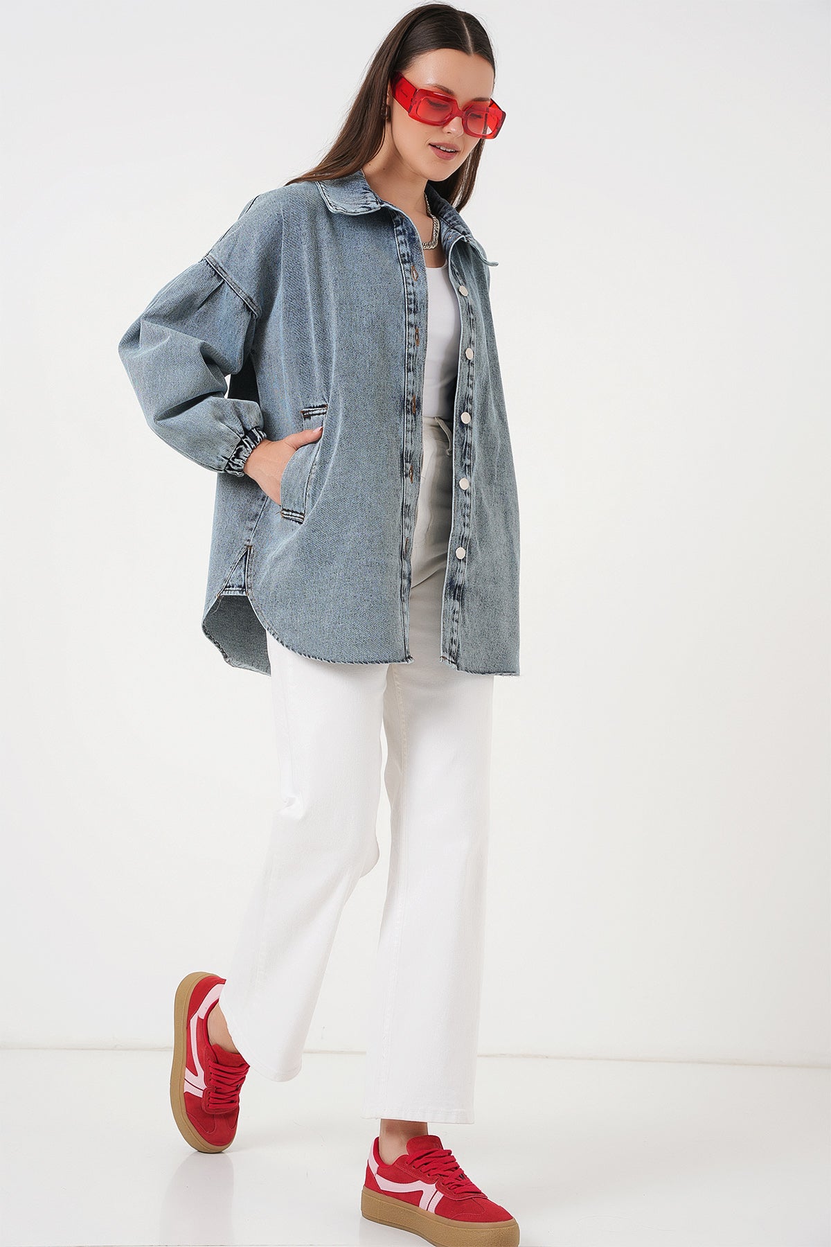Image of 0662 Denim Balon Kollu Kot Ceket - Mavi