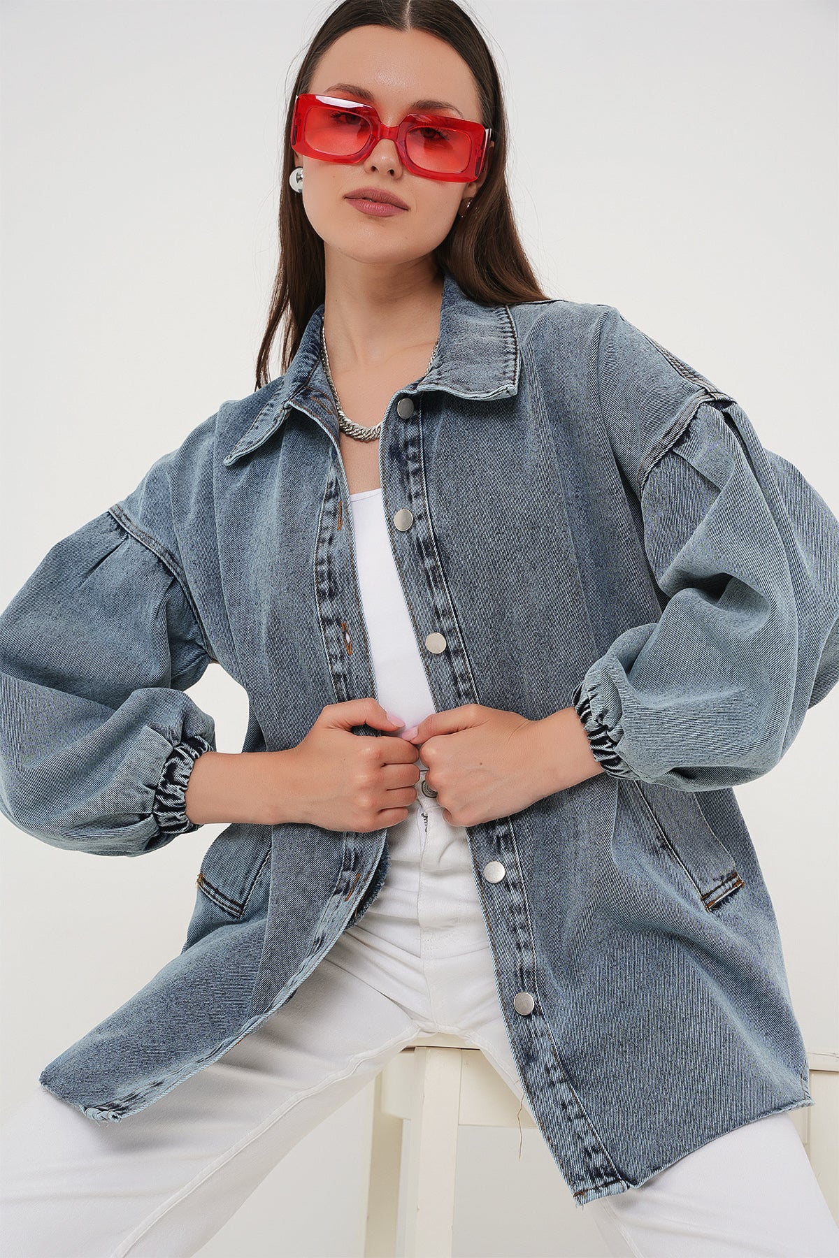 Image of 0662 Denim Balon Kollu Kot Ceket - Mavi
