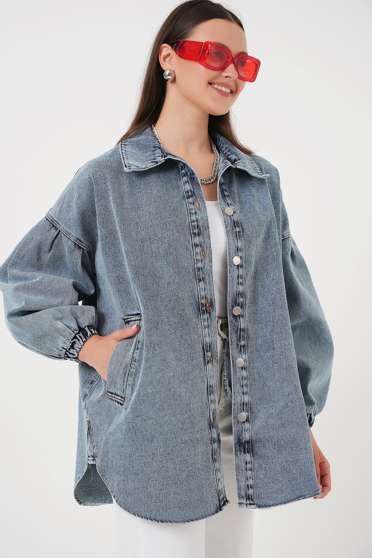 Image of 0662 Denim Balon Kollu Kot Ceket - Mavi