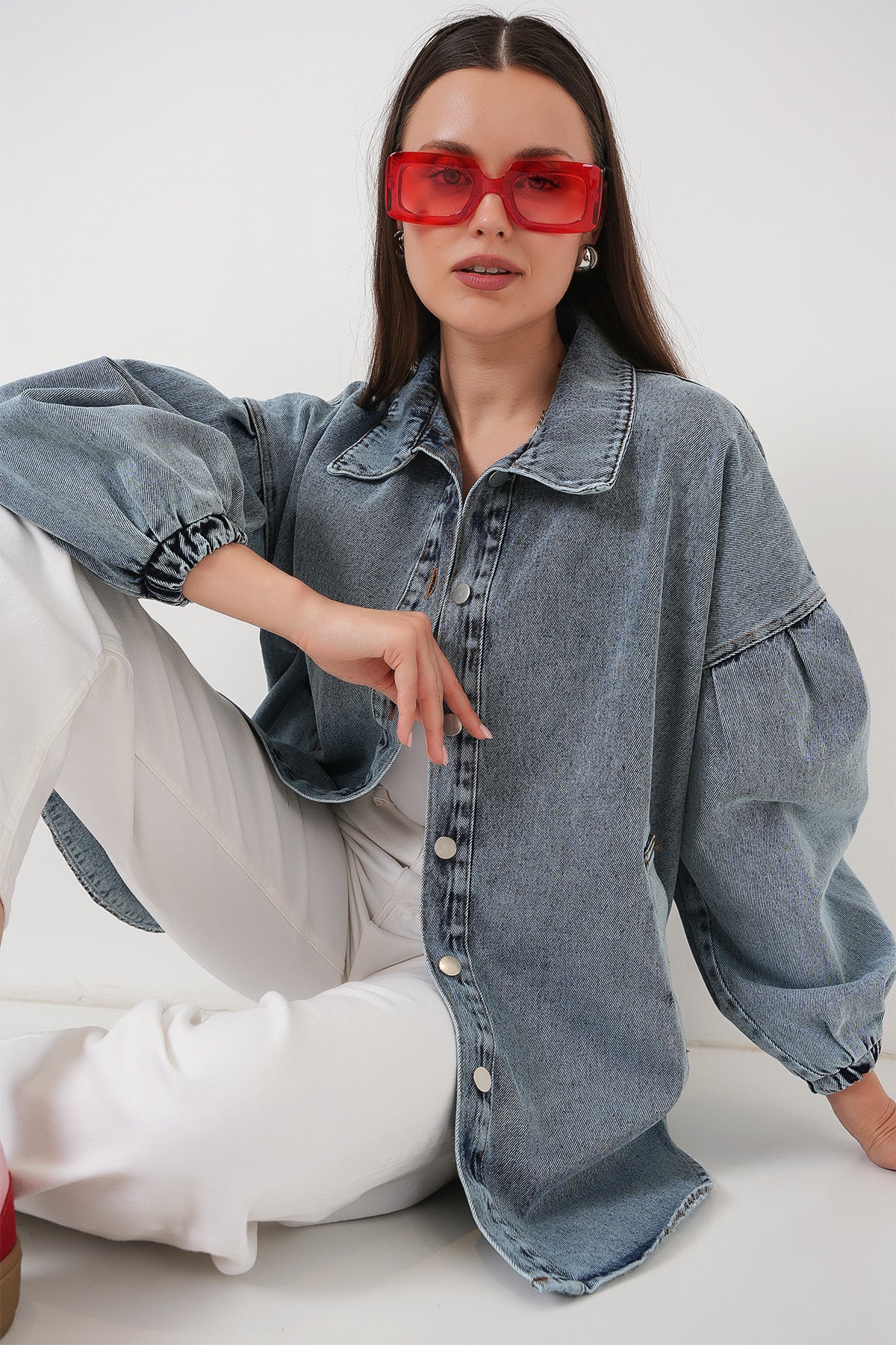 Image of 0662 Denim Balon Kollu Kot Ceket - Mavi