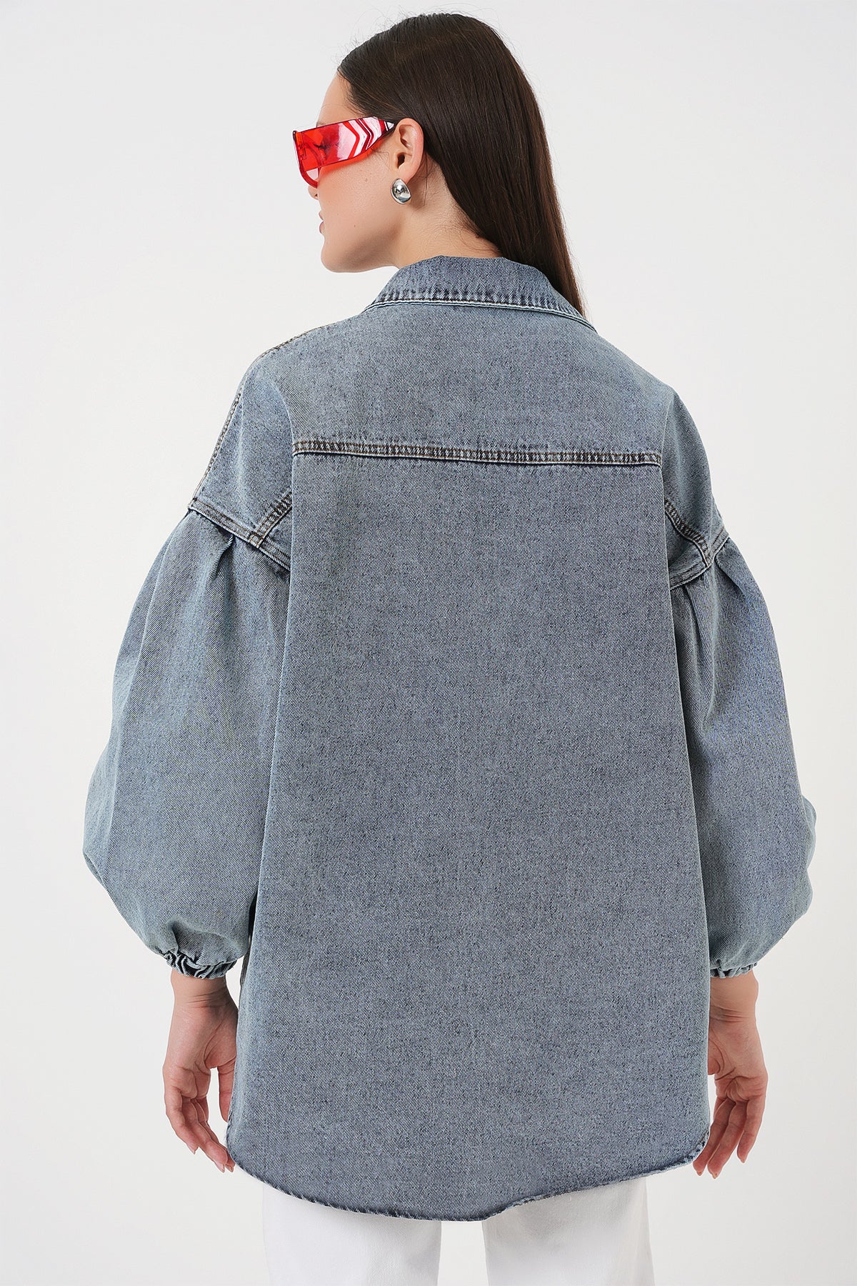 Image of 0662 Denim Balon Kollu Kot Ceket - Mavi