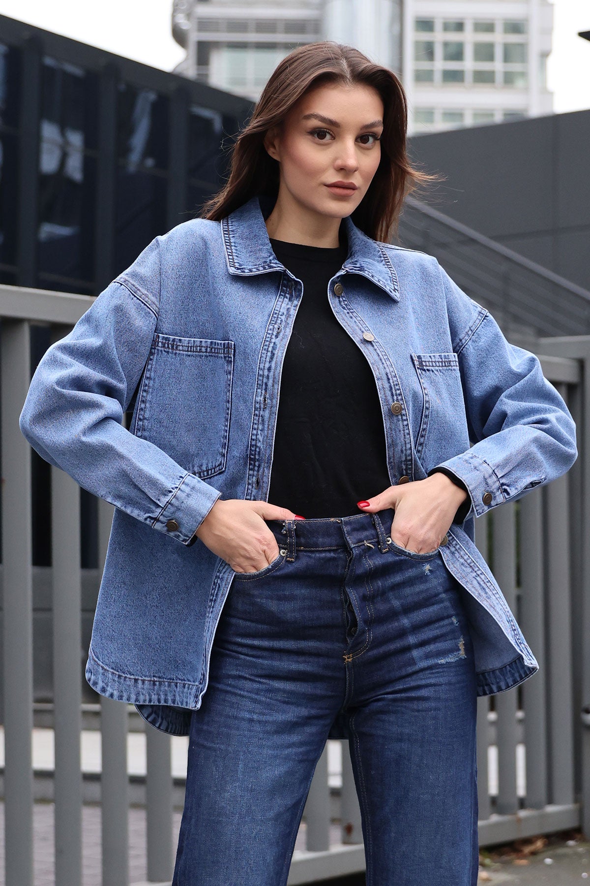Image of 0694 Çift Cepli Oversize Denim Ceket - Lacivert