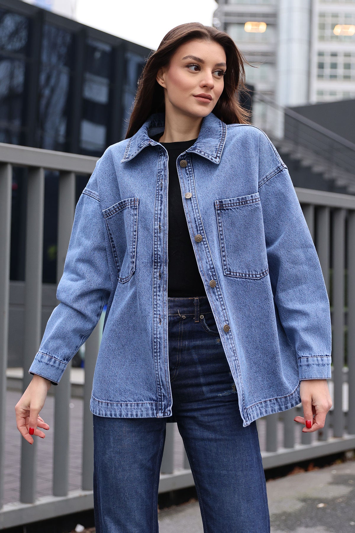 Image of 0694 Çift Cepli Oversize Denim Ceket - Lacivert
