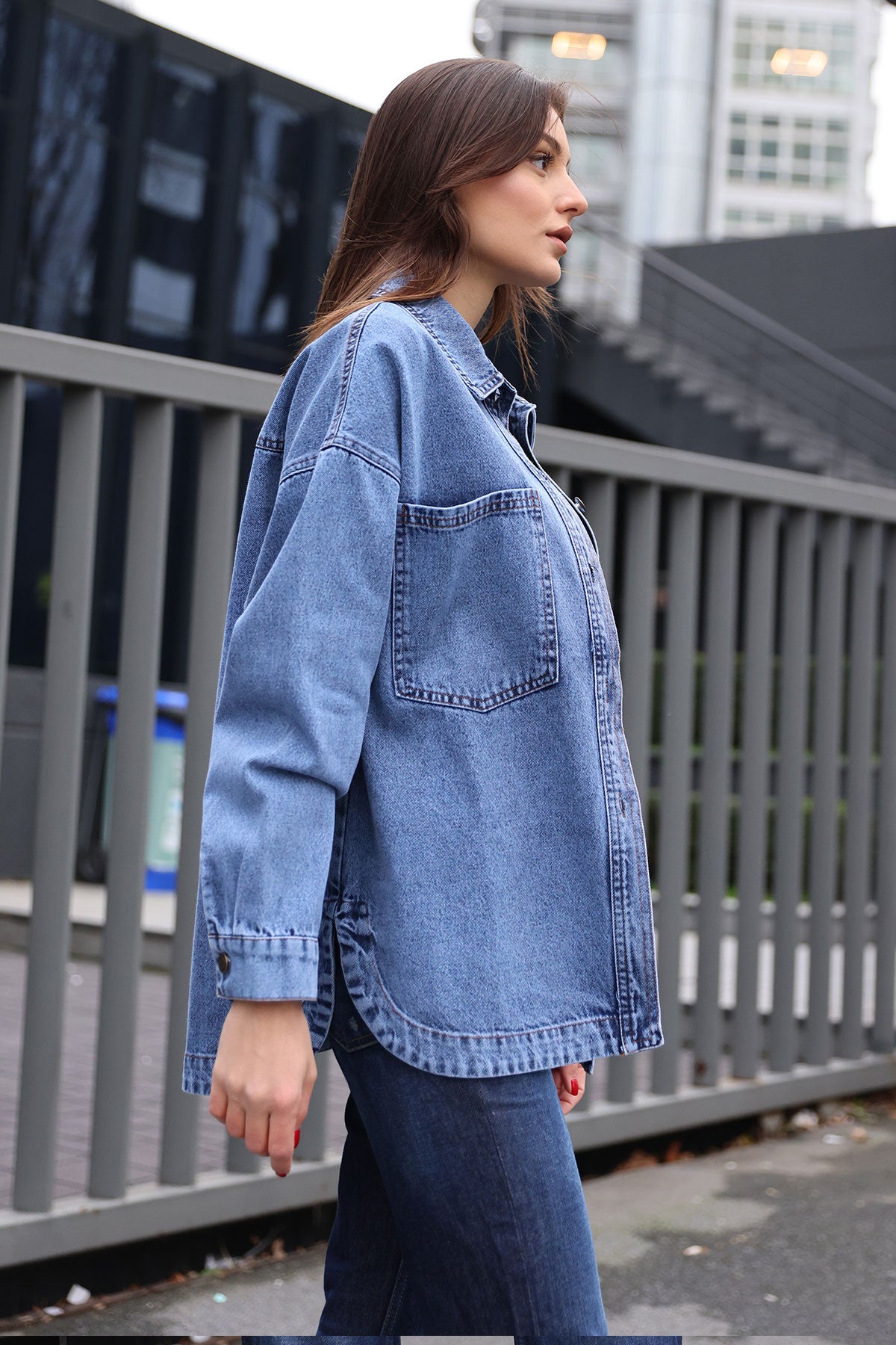 Image of 0694 Çift Cepli Oversize Denim Ceket - Lacivert