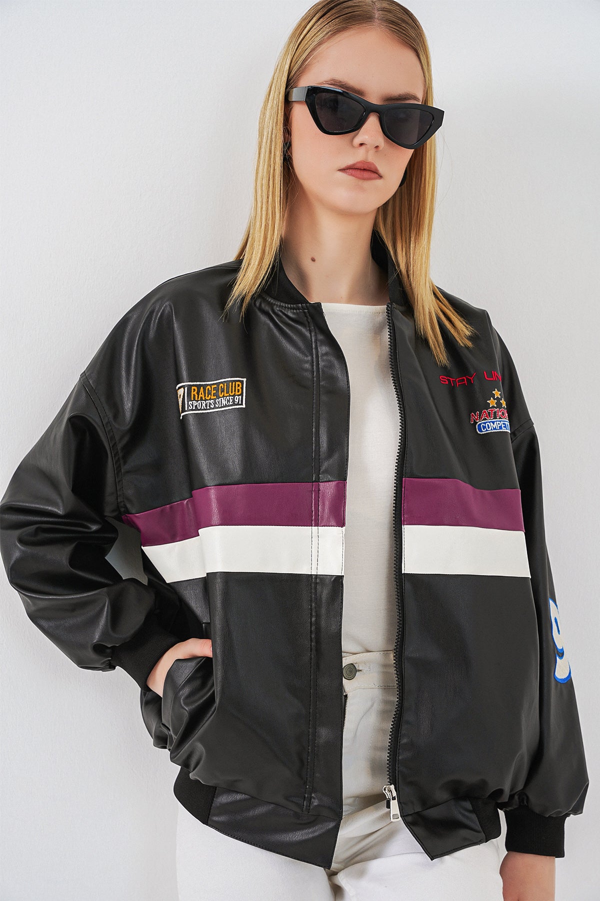 Image of 0698 Baskılı Suni Deri Bomber Ceket - Bordo