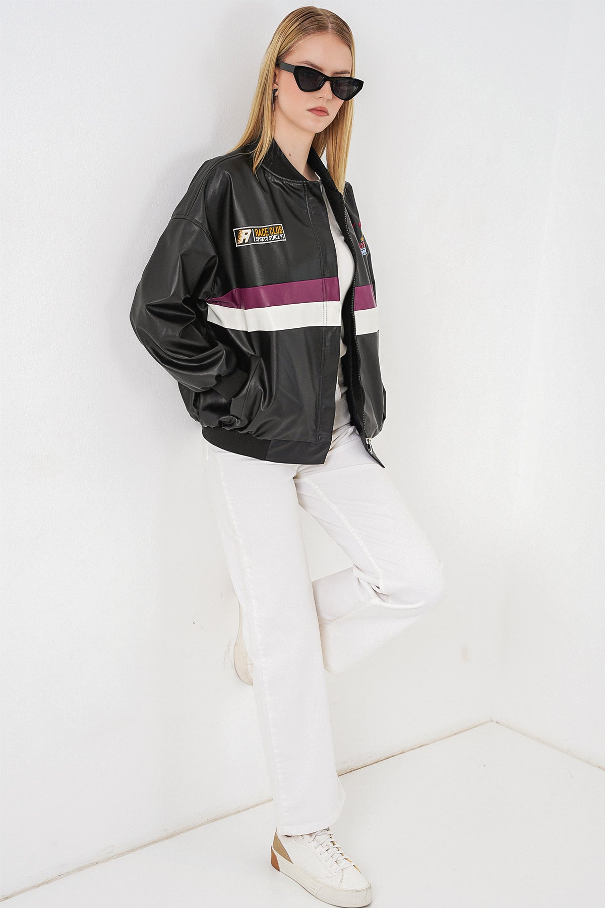 Image of 0698 Baskılı Suni Deri Bomber Ceket - Bordo