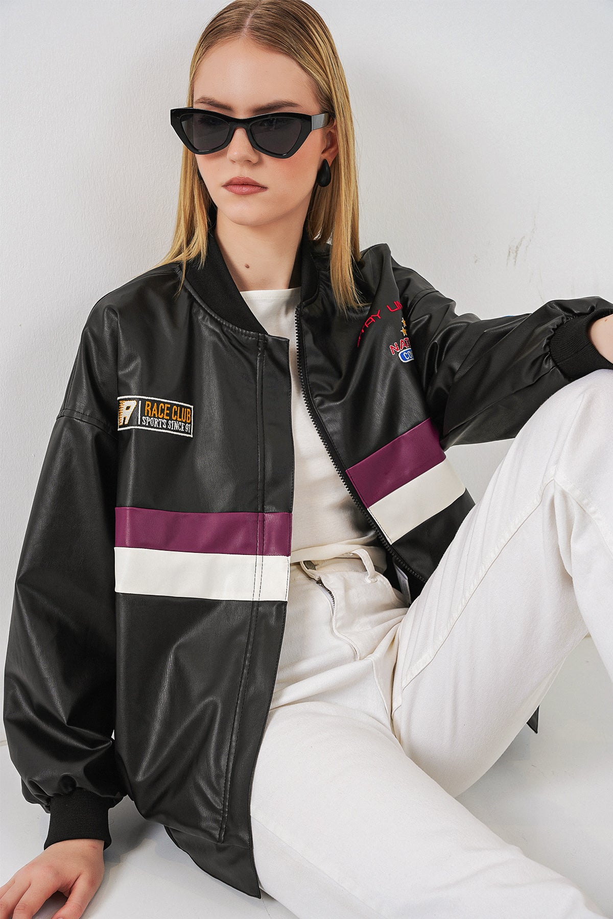 Image of 0698 Baskılı Suni Deri Bomber Ceket - Bordo