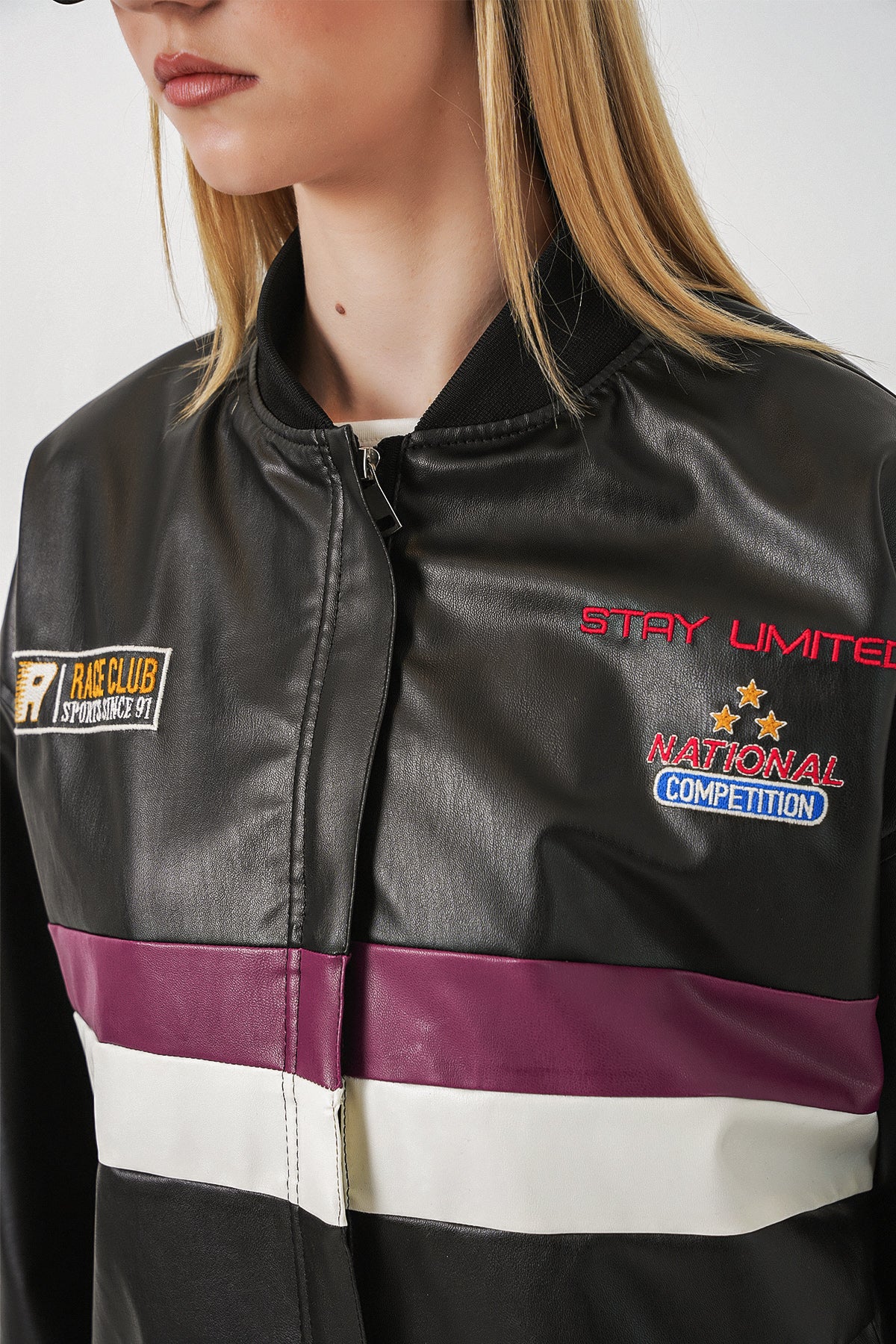 Image of 0698 Baskılı Suni Deri Bomber Ceket - Bordo