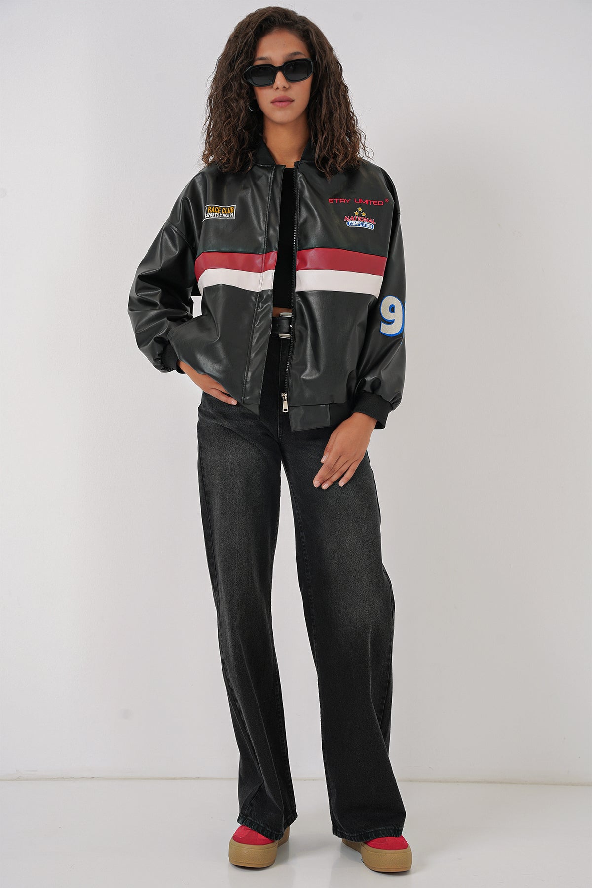 Image of 0698 Baskılı Suni Deri Bomber Ceket - Siyah