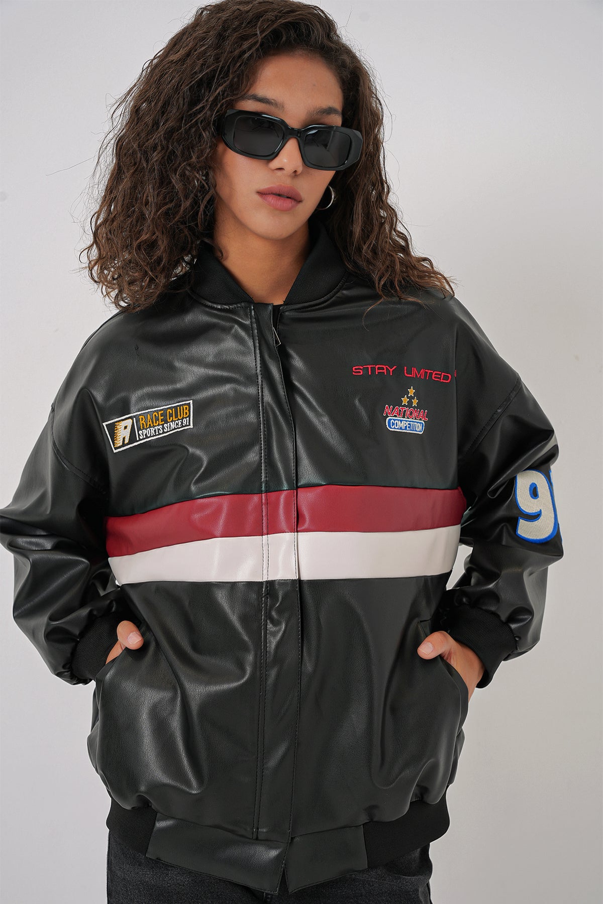 Image of 0698 Baskılı Suni Deri Bomber Ceket - Siyah