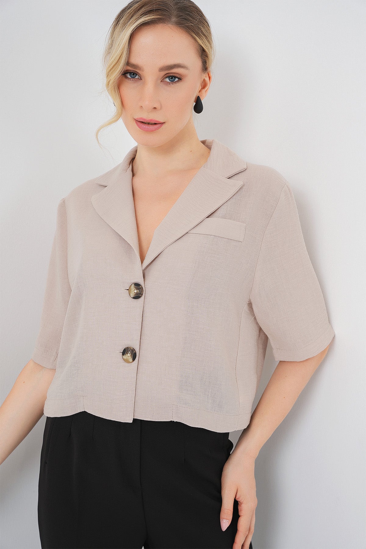Image of 0706 Crop Keten Ceket - Bej