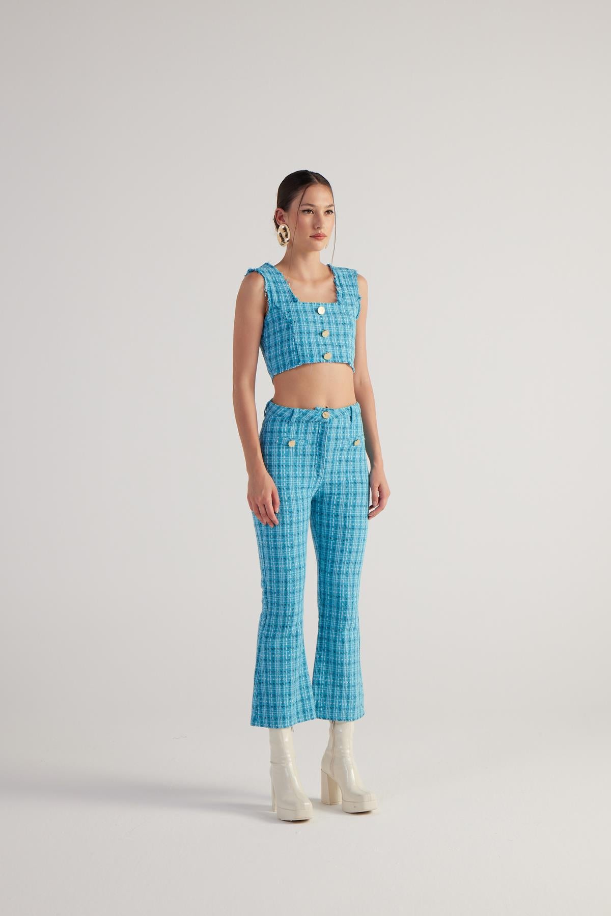 Image of İspanyol Kesim Tüvit Tweed Pantolon Mavi