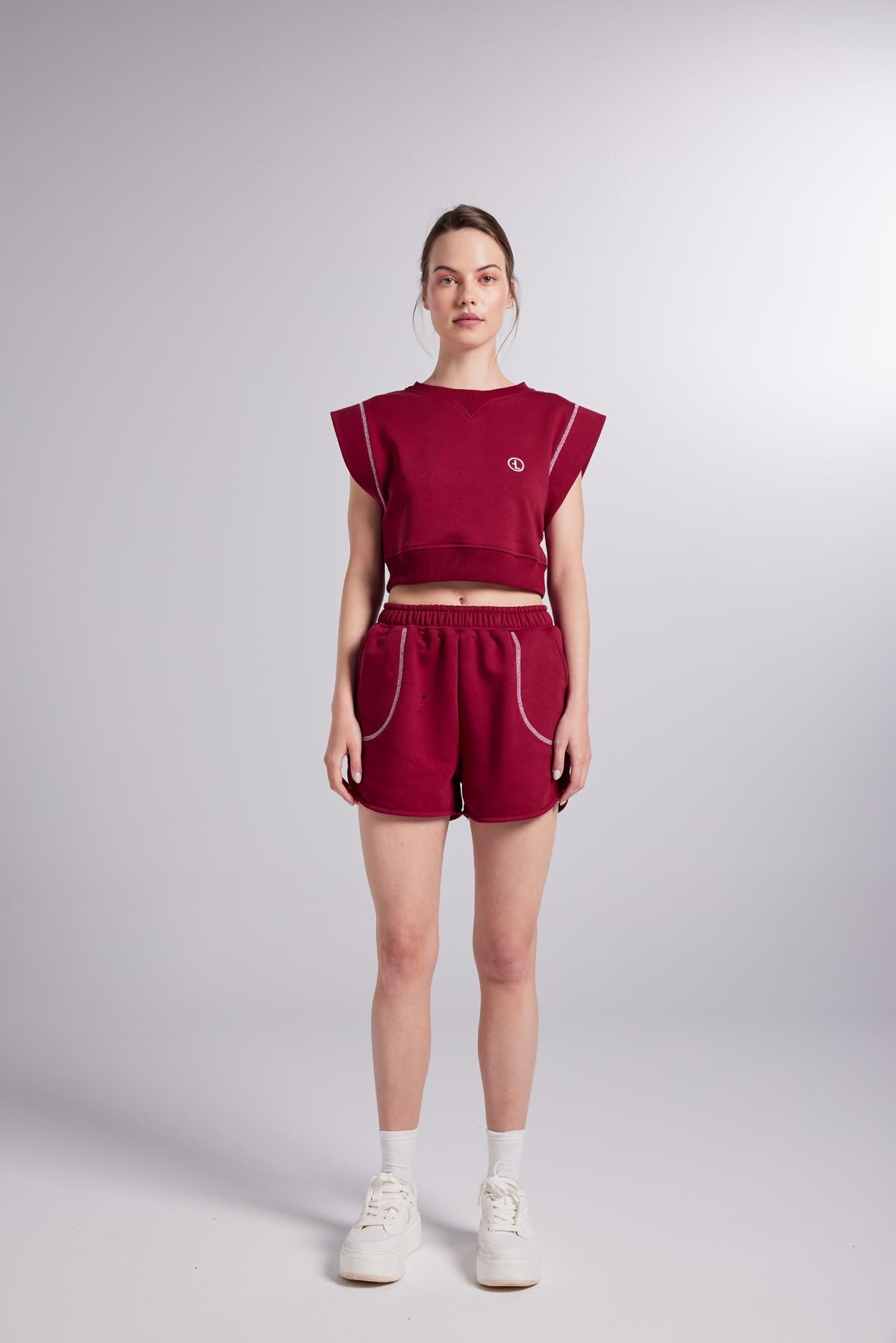 Image of Beli Lastikli Kontrast Dikişli Mini Rhode Şort Bordo