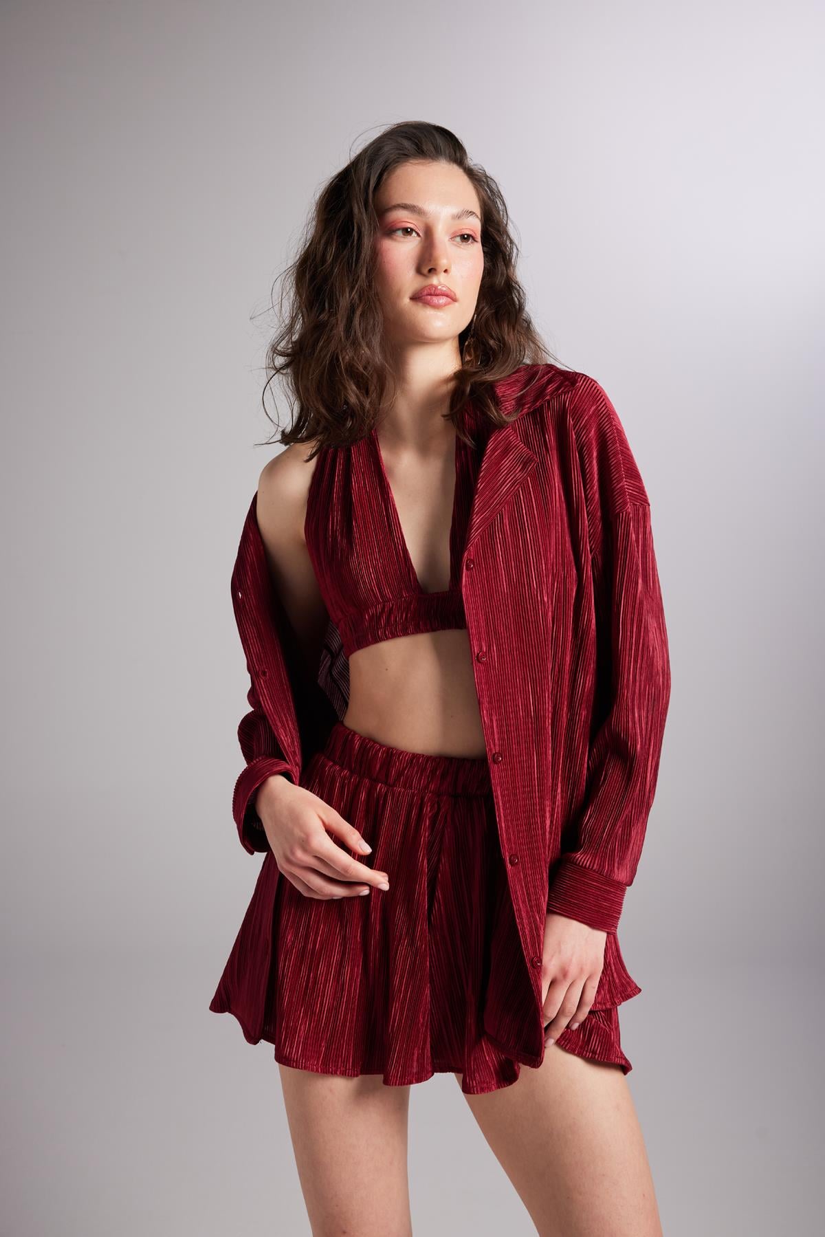 Image of Düğme Kapamalı Comfy Oversize Gömlek Bordo