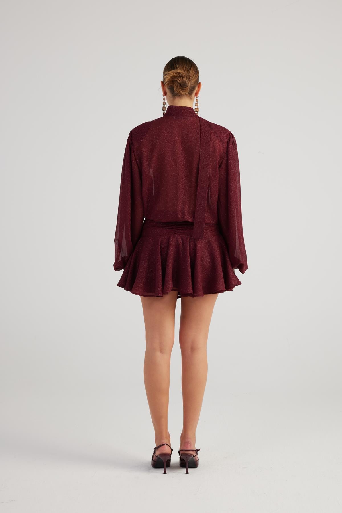 Image of Simli Kumaş Fırfırlı Mini Vanesa Elbise Bordo