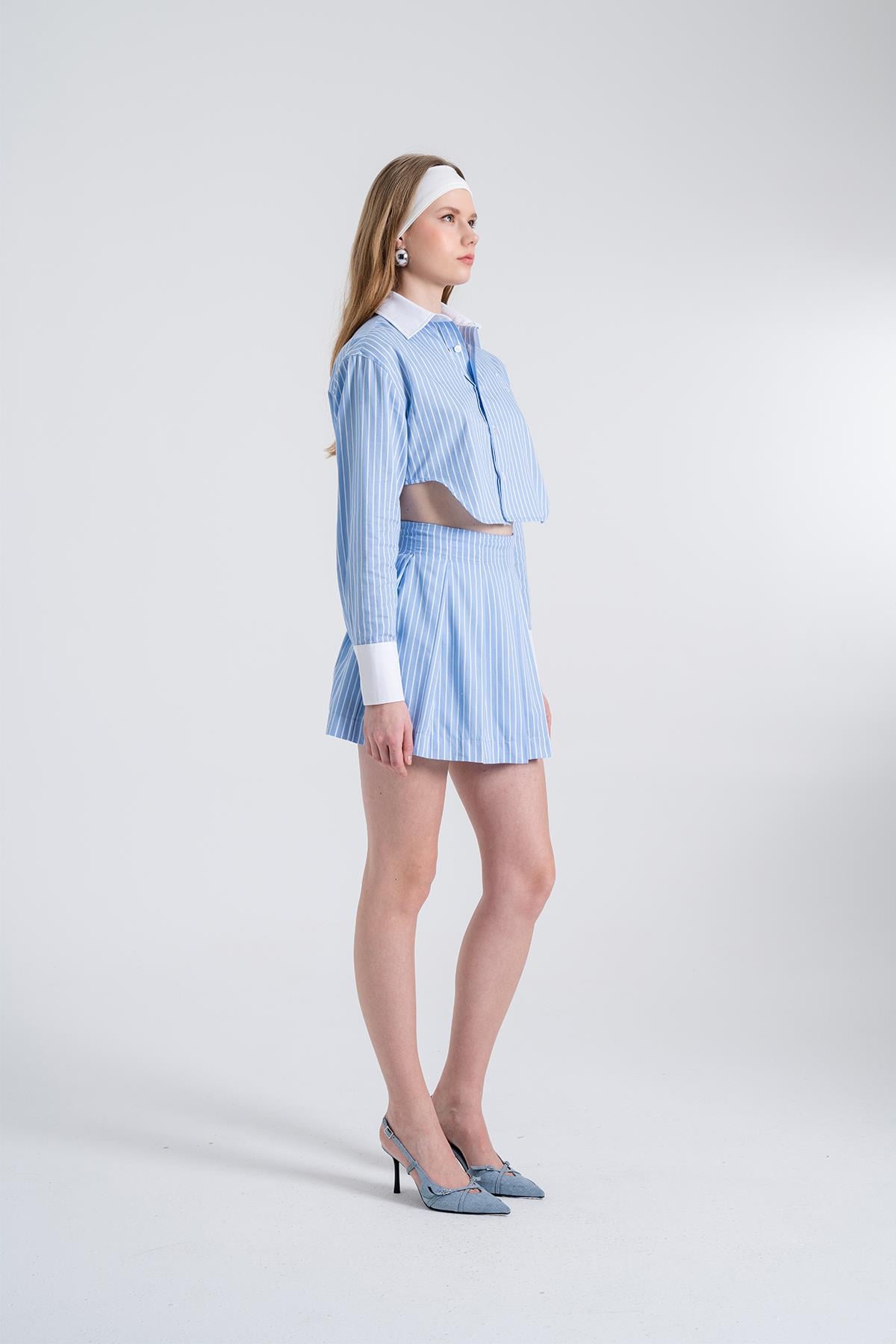 Image of Çizgili Pilili Mini Harmony Poplin Etek Mavi