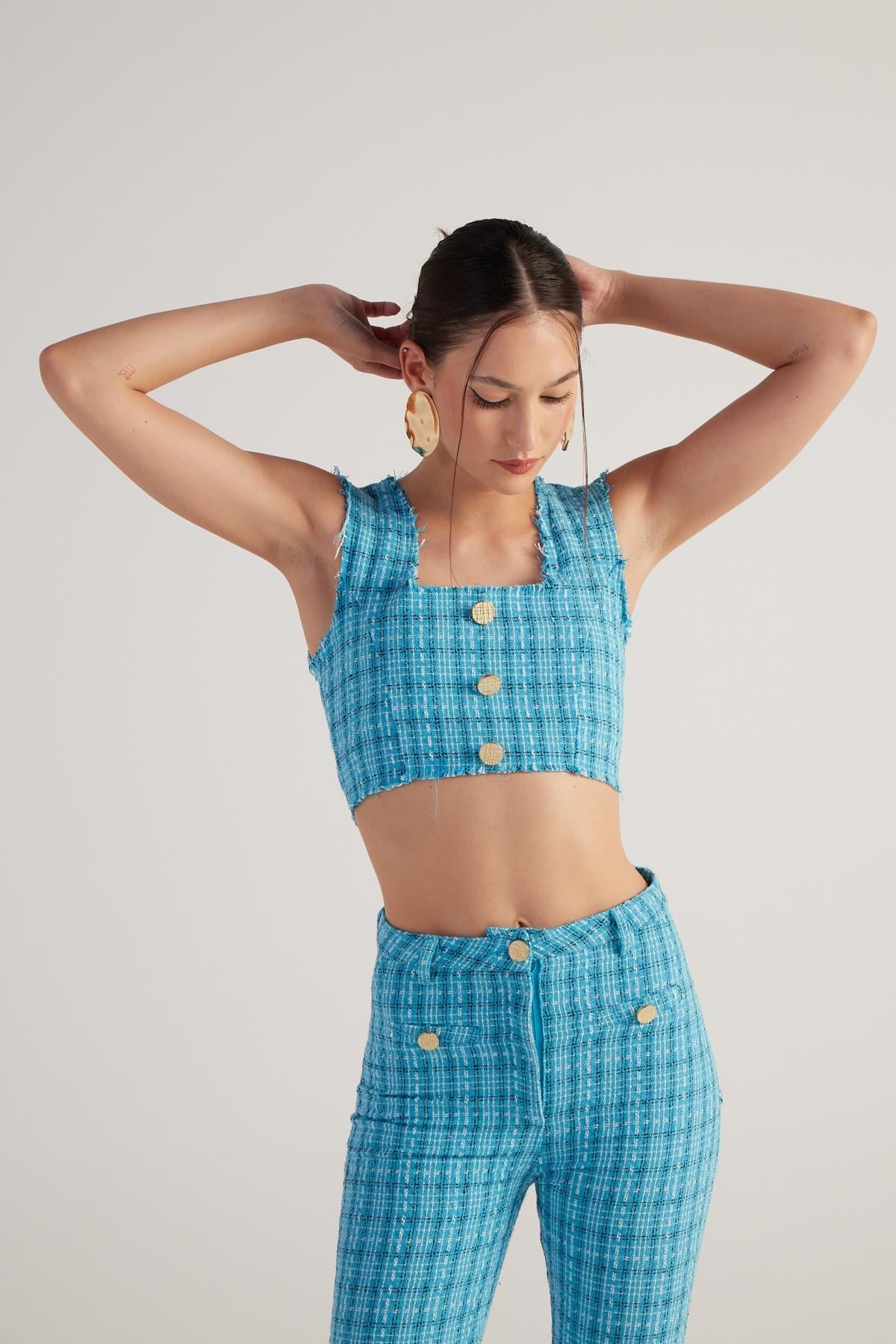 Image of Tüvit Kumaş Crop Tweed Büstiyer Mavi