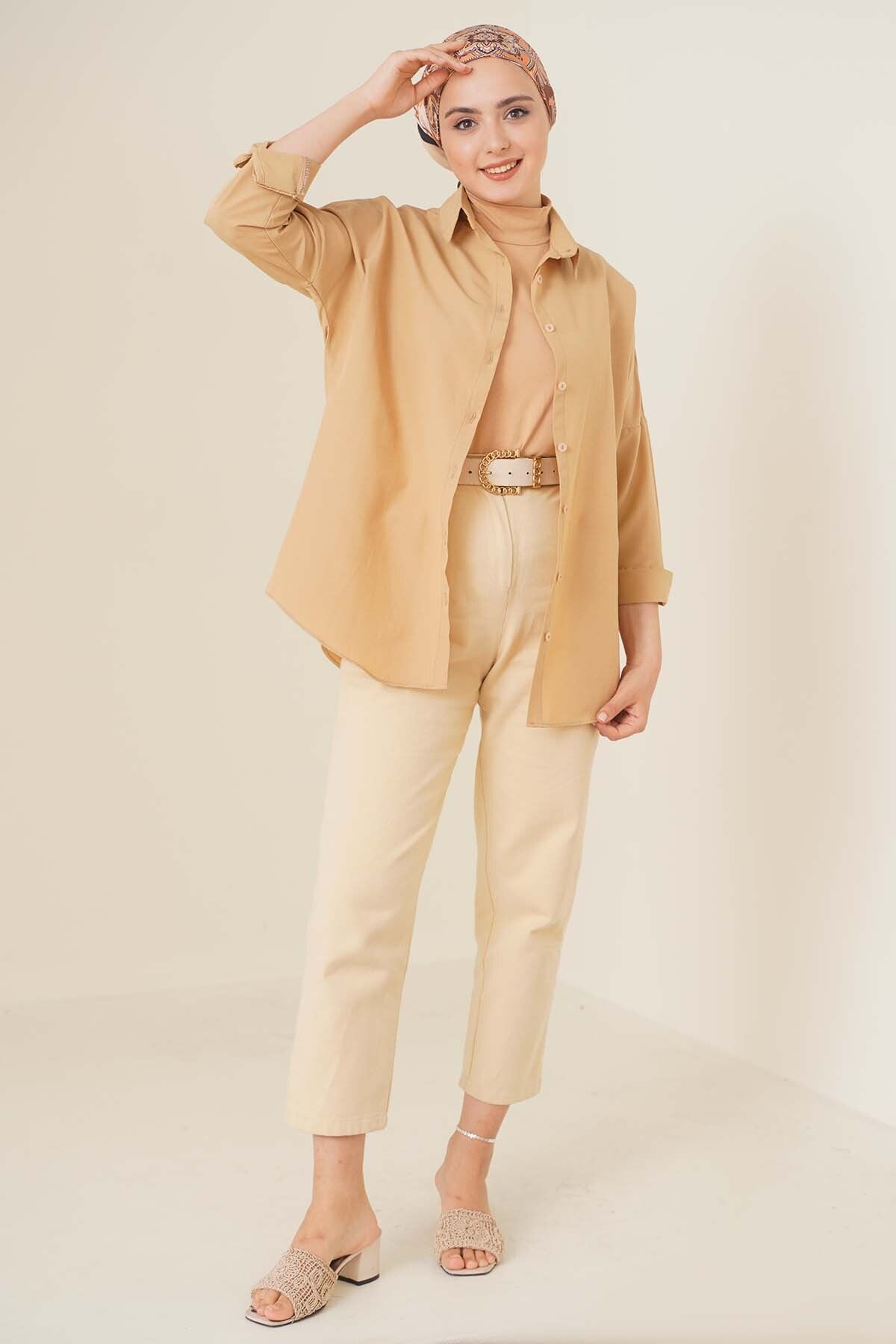 Image of 103901 Oversize Basic Tesettür Gömlek - Bej