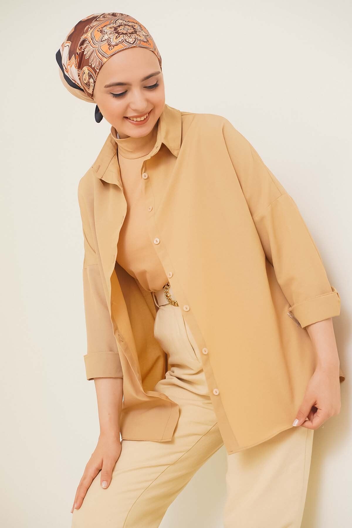 Image of 103901 Oversize Basic Tesettür Gömlek - Bej