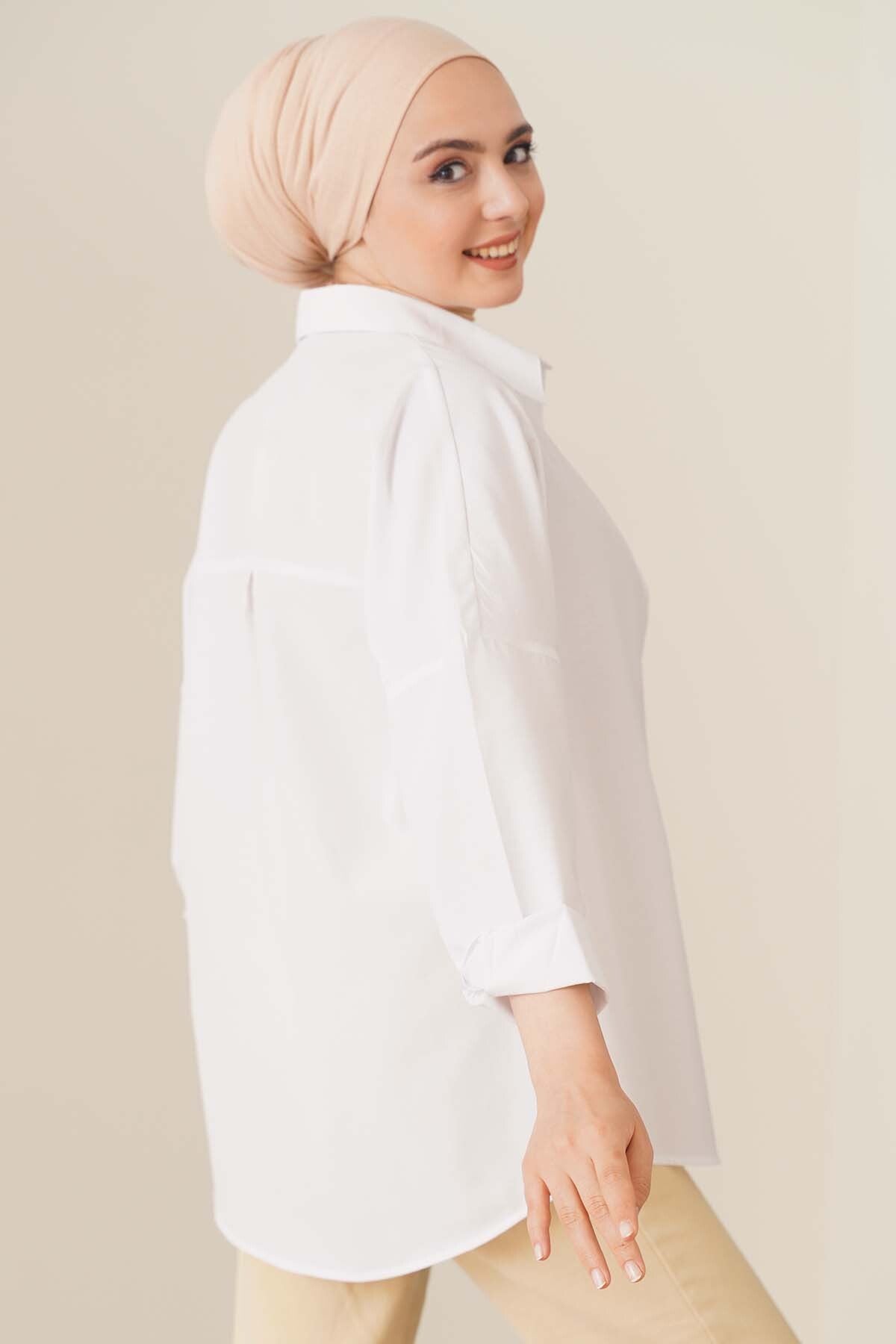 Image of 103901 Cămașă Hijab Basic Supradimensionată - Alb