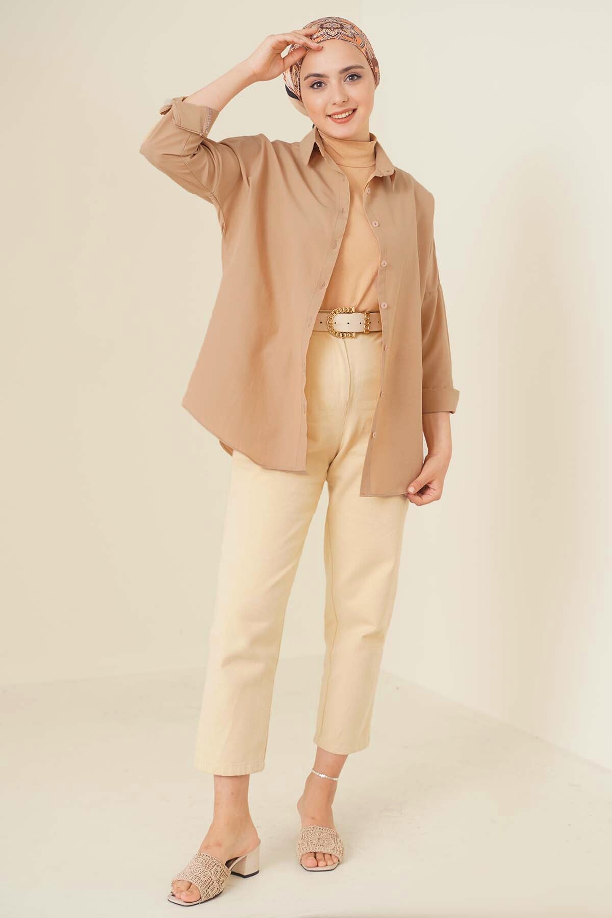 Image of 103901 Cămașă Hijab Basic Supradimensionată - Camel