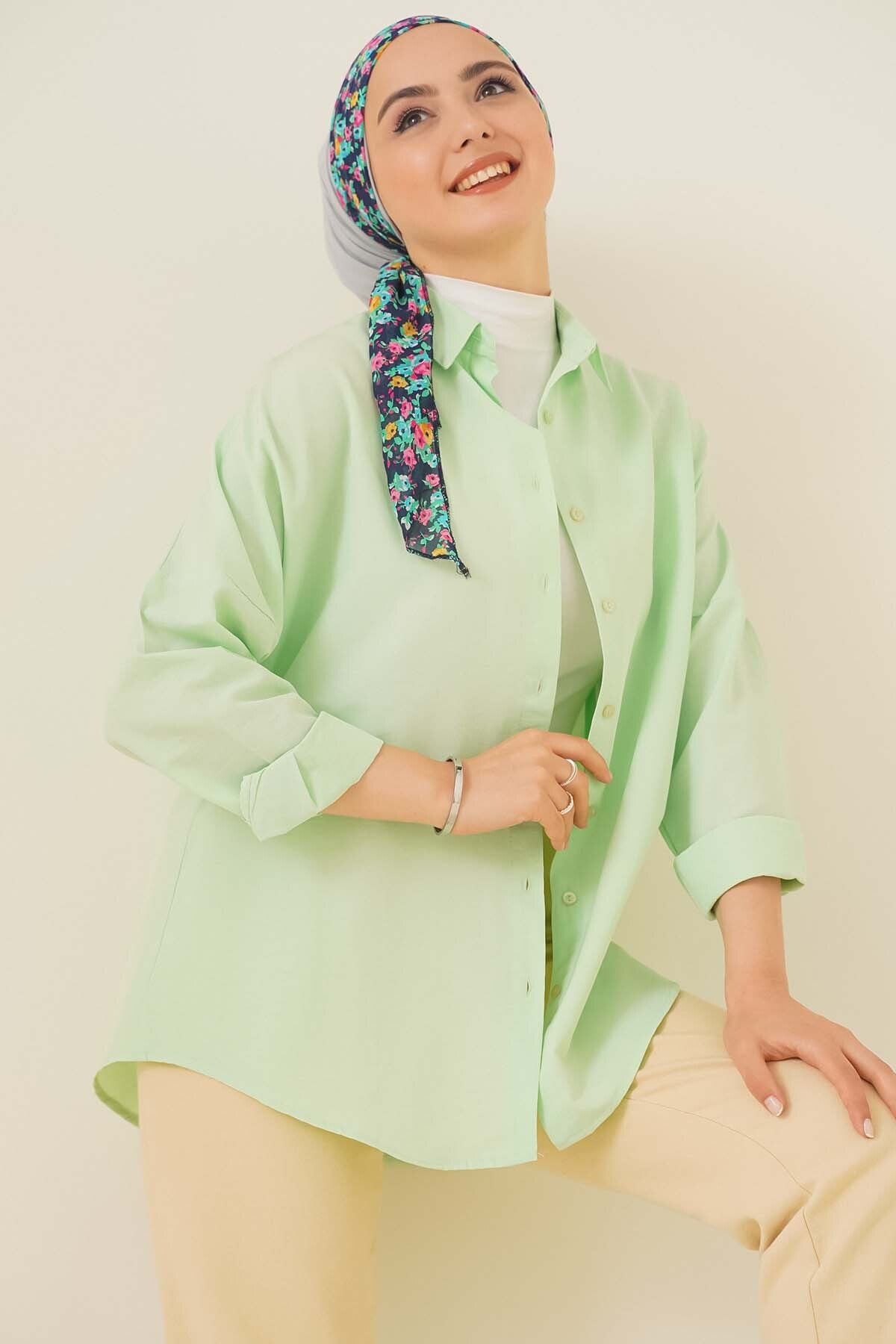 Image of 103901 Oversize Basic Tesettür Gömlek - E.Yeşil