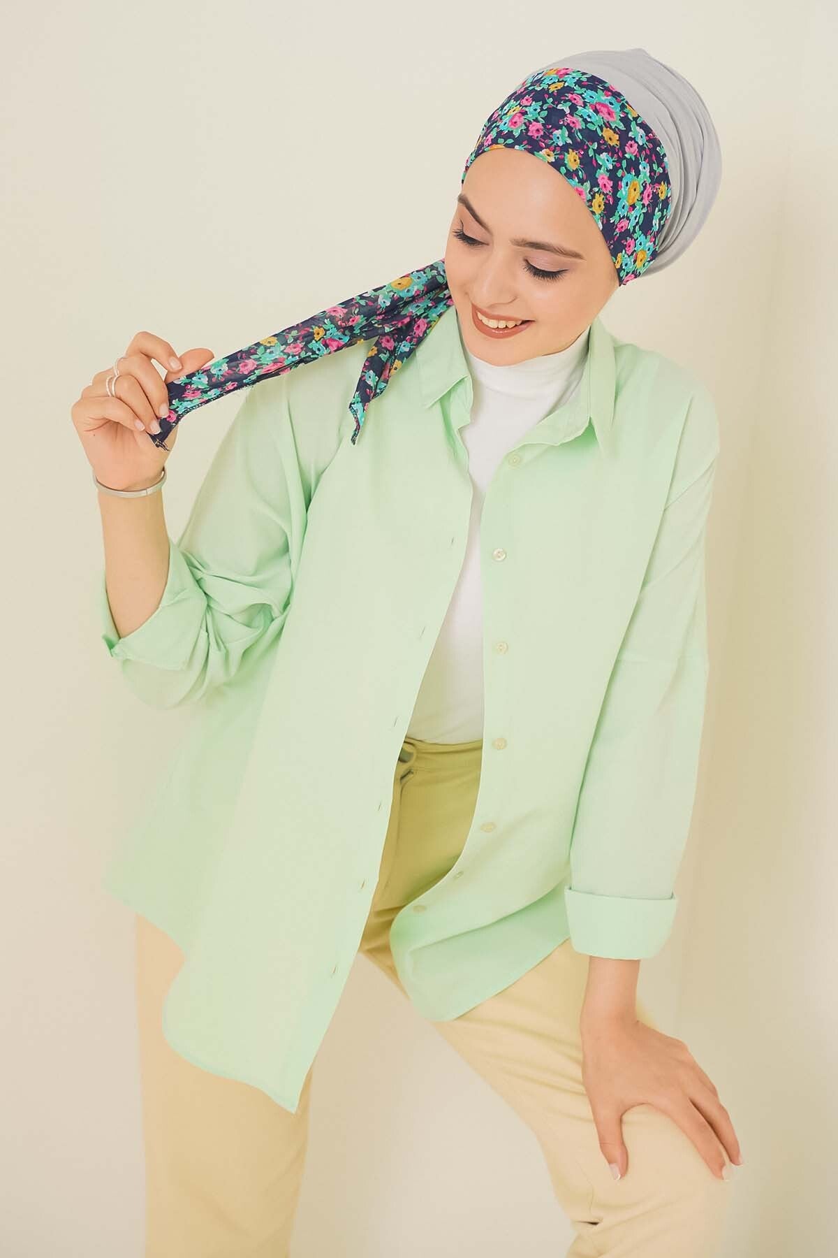 Image of 103901 Oversize Basic Tesettür Gömlek - E.Yeşil
