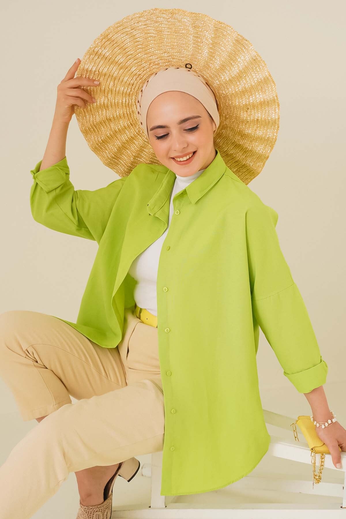 Image of 103901 Oversize Basic Tesettür Gömlek - G.Yeşil