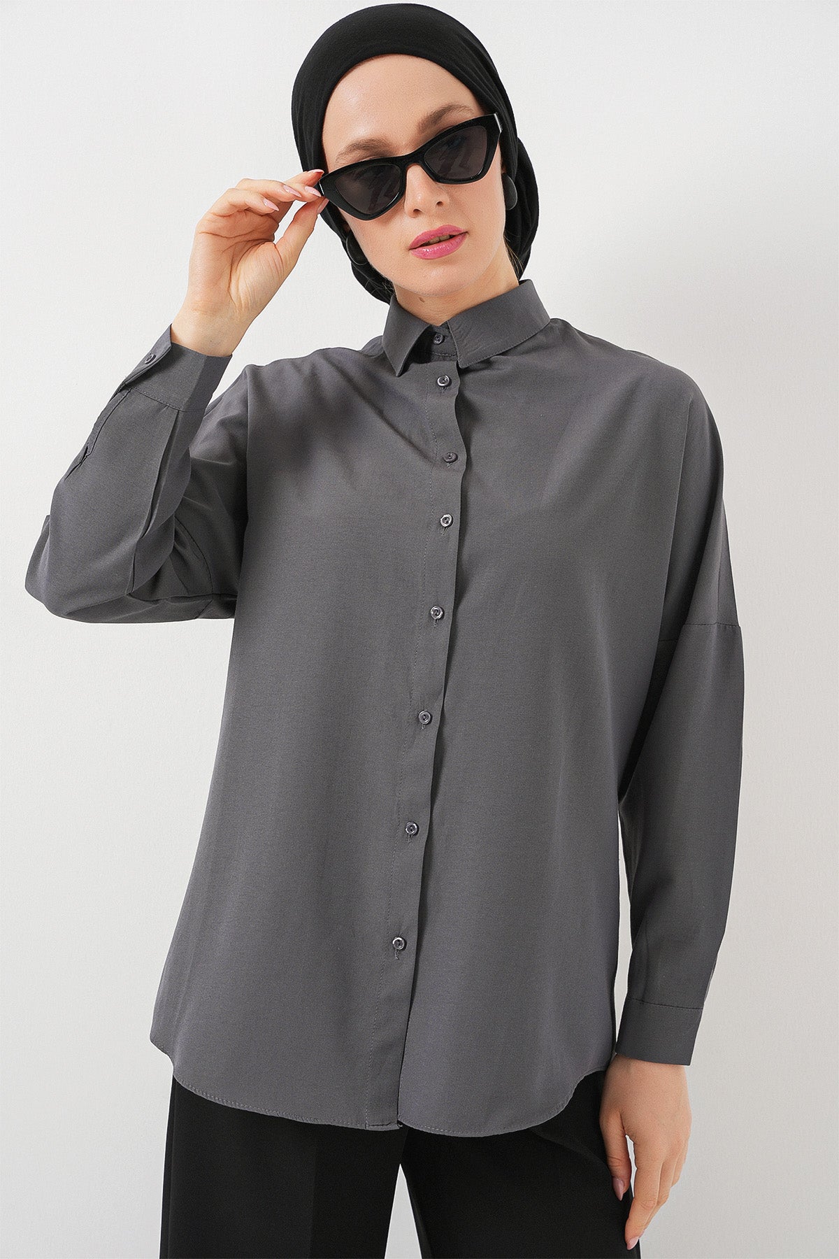 Image of 103901 Oversize Basic Tesettür Gömlek - Gri