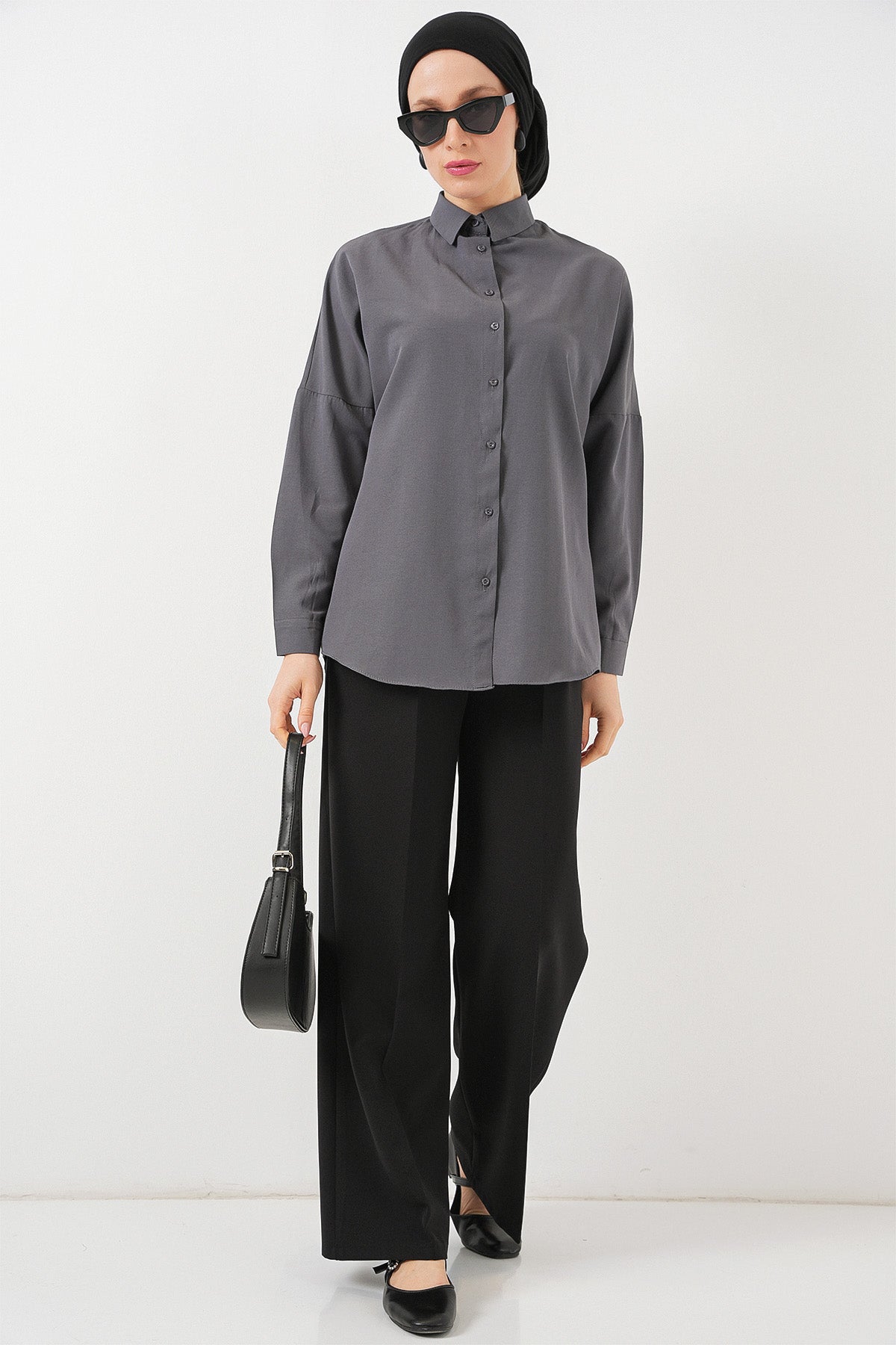 Image of 103901 Oversize Basic Tesettür Gömlek - Gri