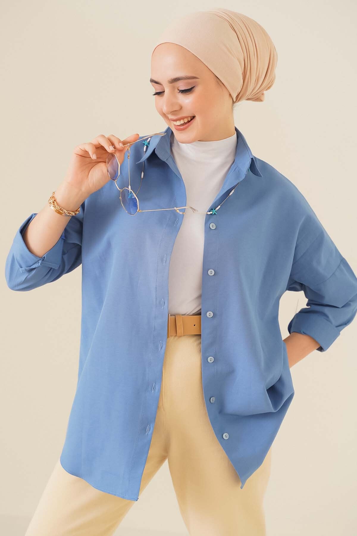 Image of 103901 Oversize Basic Tesettür Gömlek - İndigo