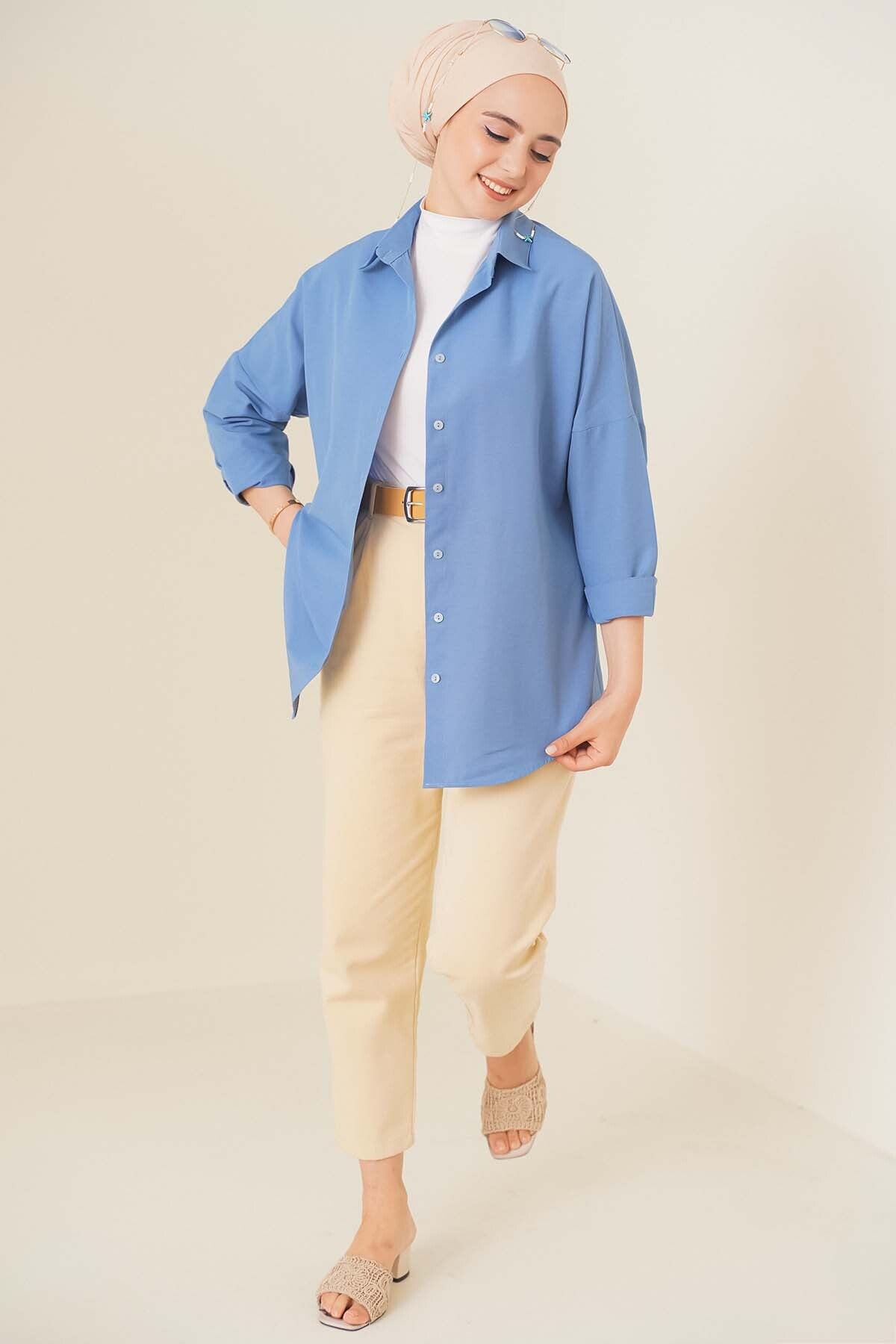 Image of 103901 Oversize Basic Tesettür Gömlek - İndigo