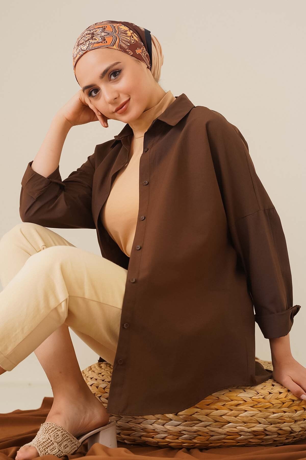 Image of 103901 Oversize Basic Tesettür Gömlek - Kahverengi