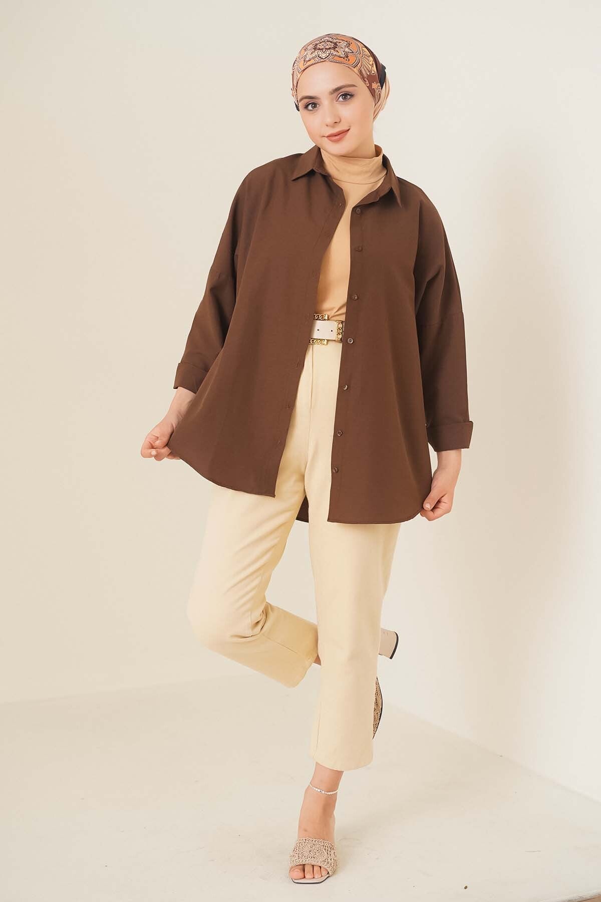 Image of 103901 Oversize Basic Tesettür Gömlek - Kahverengi