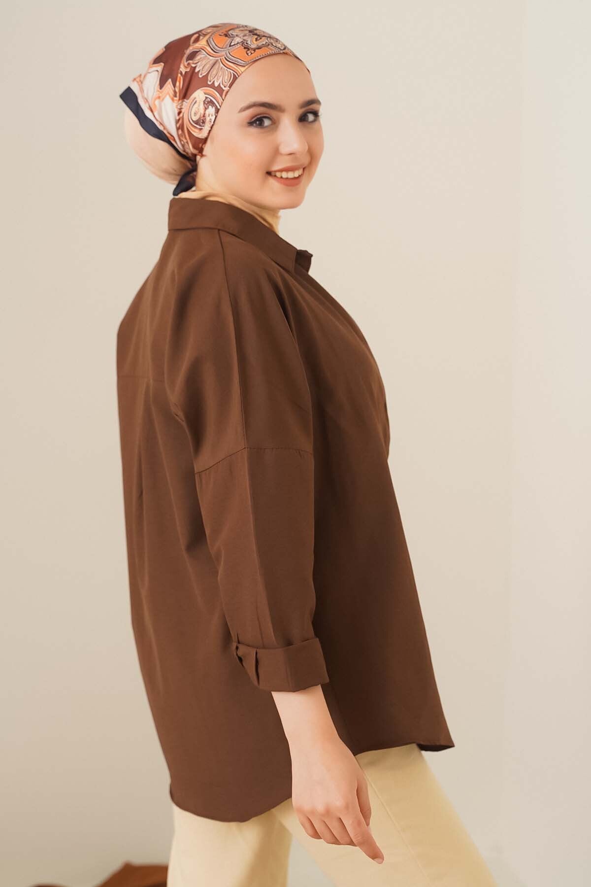 Image of 103901 Oversize Basic Tesettür Gömlek - Kahverengi