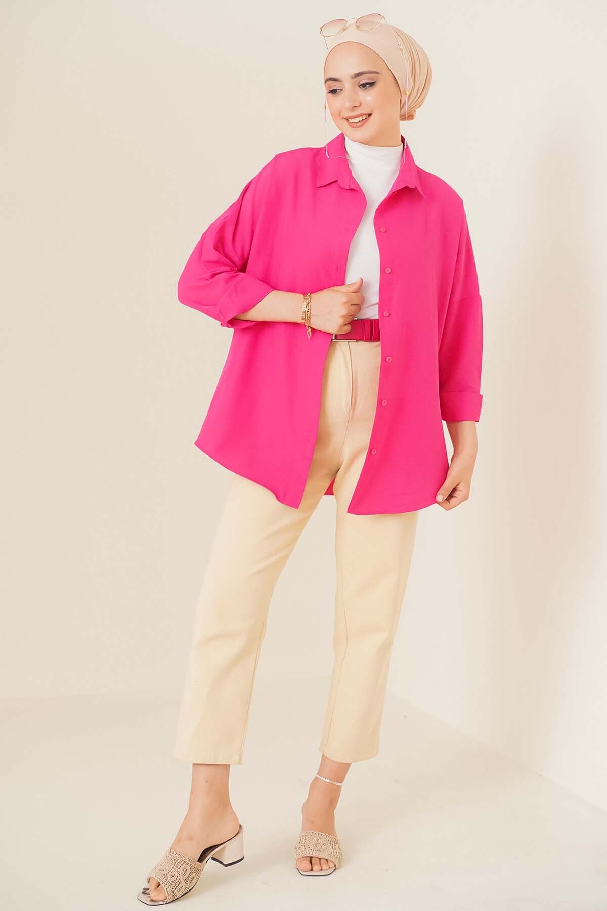 Image of 103901 Oversize Basic Tesettür Gömlek - Koyu Pembe