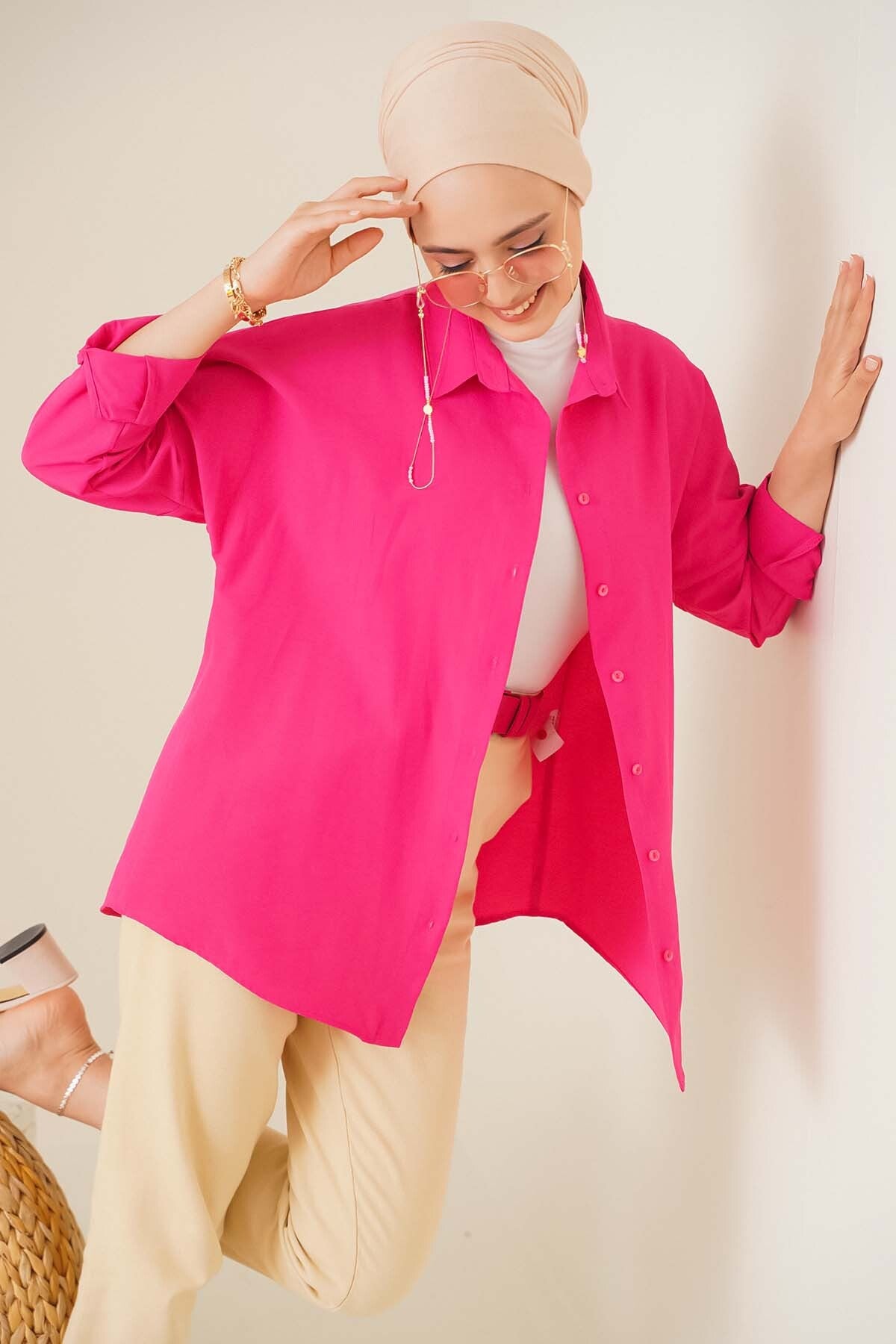 Image of 103901 Oversize Basic Tesettür Gömlek - Koyu Pembe