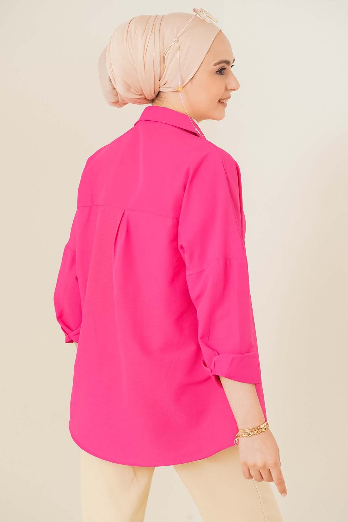 Image of 103901 Oversize Basic Tesettür Gömlek - Koyu Pembe