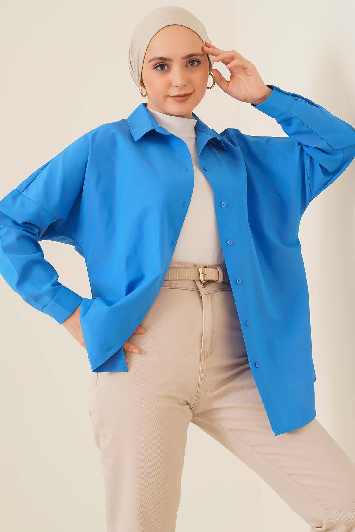 Image of 103901 Oversize Basic Tesettür Gömlek - Saks