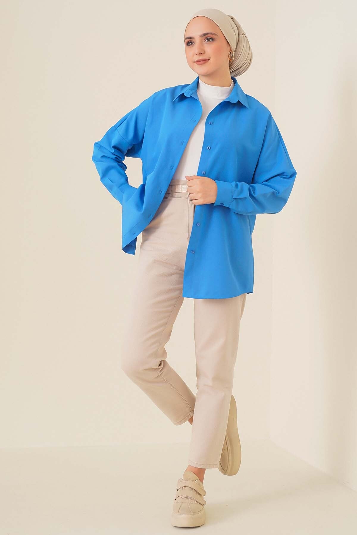 Image of 103901 Oversize Basic Tesettür Gömlek - Saks