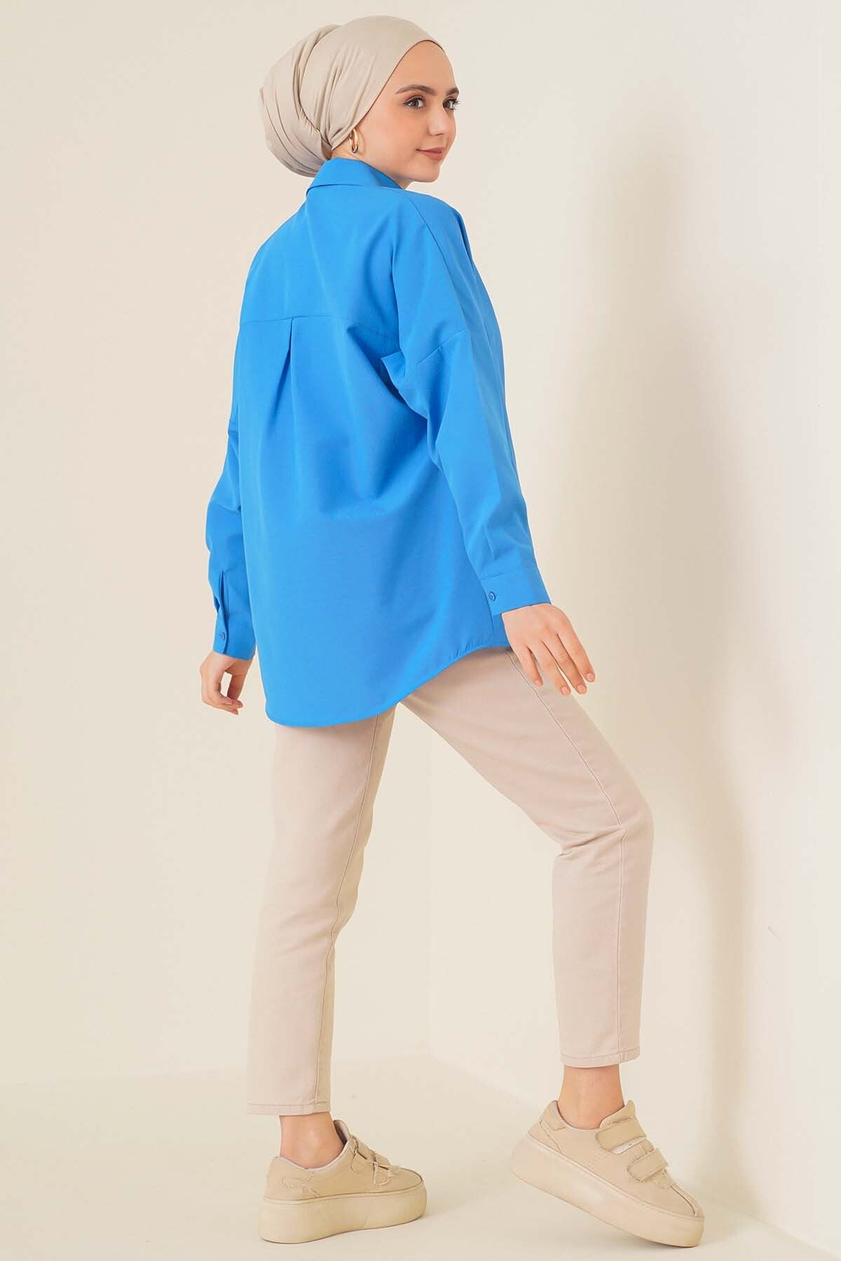 Image of 103901 Oversize Basic Tesettür Gömlek - Saks